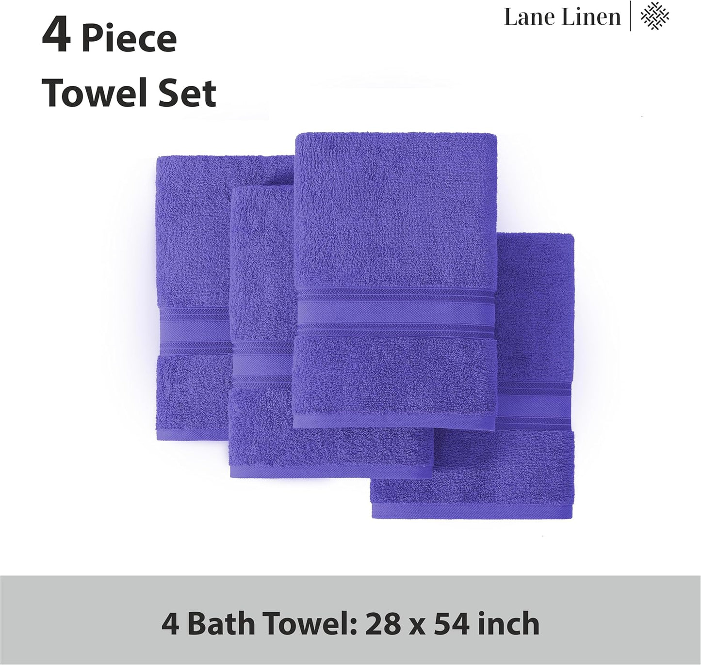 LANE LINEN 100% Cotton 4 Pack Bath Towels Set (28"x54") - Zero Twist, Large Cotton Towels for Bathroom - Quick Dry, Soft & Absorbent Bath Towel Set - Remains Fluffy After Multiple Washes - Blue Irish
