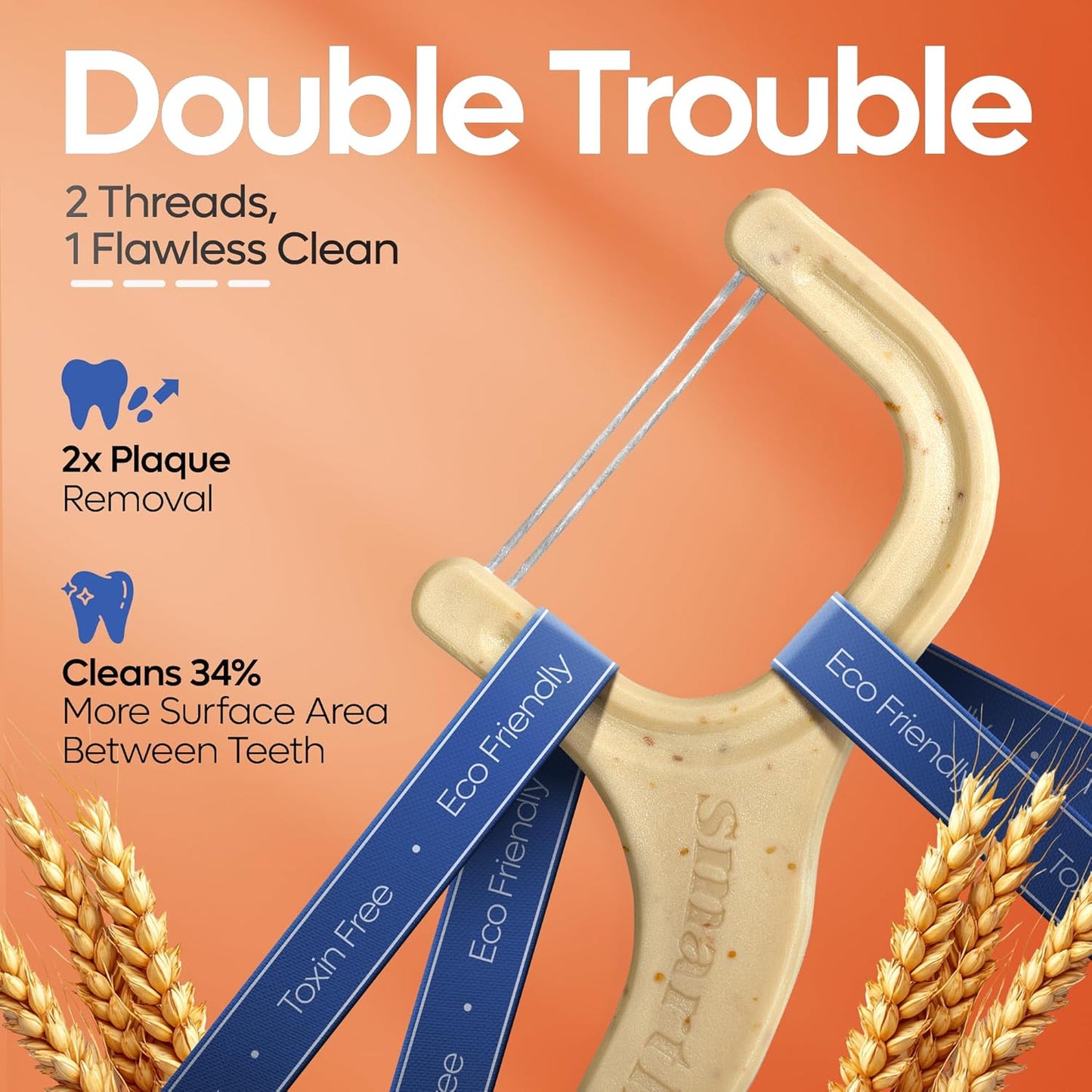 SmartLifeco Eco-Friendly Dual-Thread Dental Floss Picks (200ct) - Flossers Made with Straw Wheat Blend, Proven Anti-Shred for Tight Gaps, Tooth Pick Stick for Adults, Soft on Gum & Teeth, Unflavored