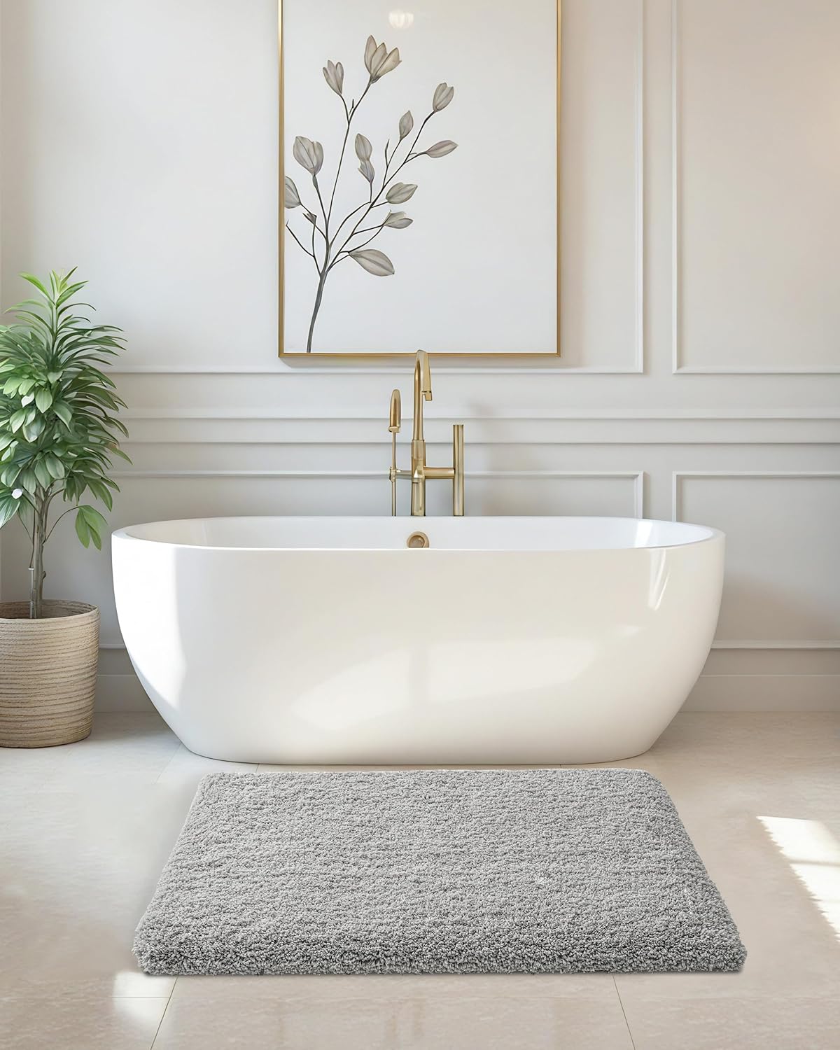 ILANGO Grey Bathroom Rugs 32" × 20" Non Slip & Super Absorbent Extra Thick Soft, Washable Bath Mat for Floor, Microfiber Plush Shaggy Bath Rug with Rubber for Bathtub Shower Room Sink