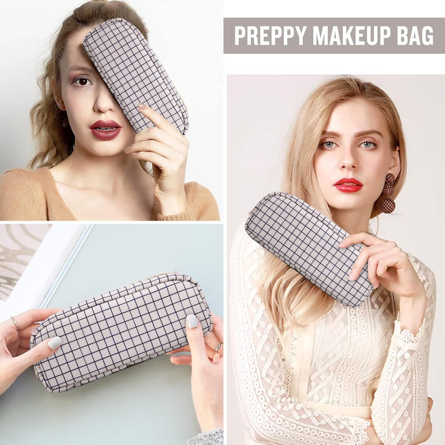 Nylon Slim Makeup Bag, Cute Makeup Brush Bag Checkered Makeup Bag Preppy Cosmetic Zipper Pouch for Purse, Travel Toiletry Bag Coin Pouch Make Up Organizer for Women Men Girls