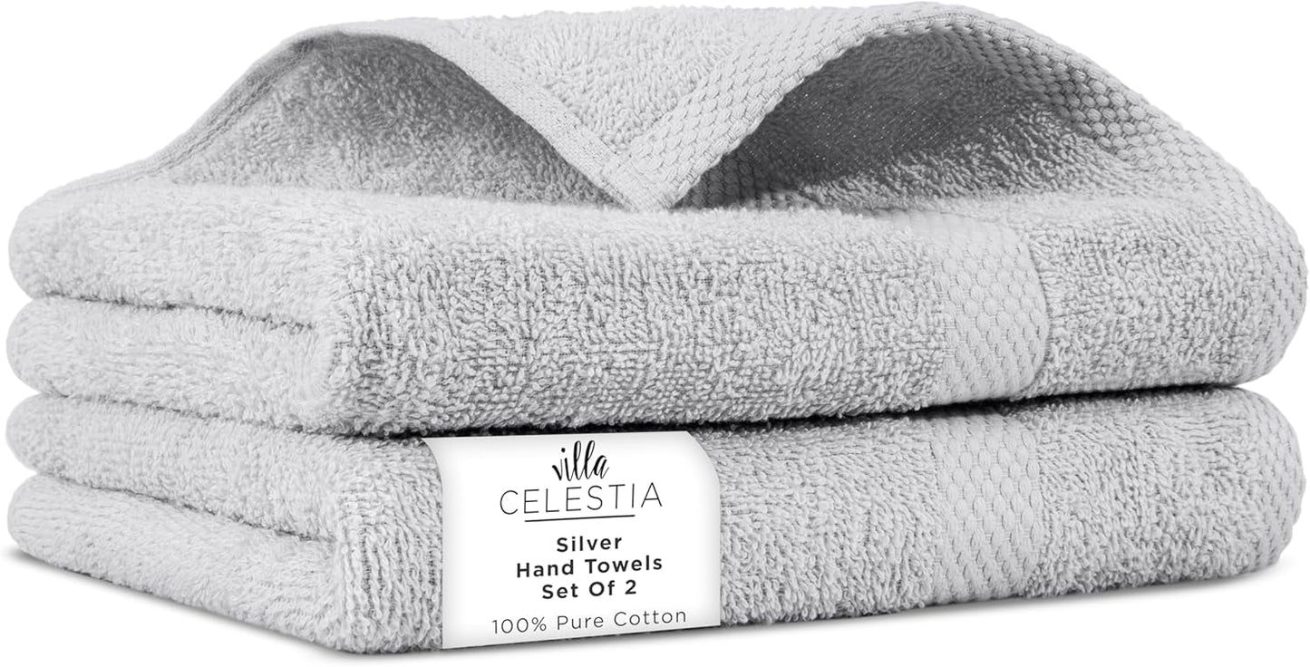100% Cotton Hand Towel Set of 2, (16 x 28 inches) Sustainable, Soft, Highly Absorbent, Quick Drying, Combed Cotton Hand Towels Pack of 2 Ideal for Hotels, Spa, Bathroom, Dorm, Silver