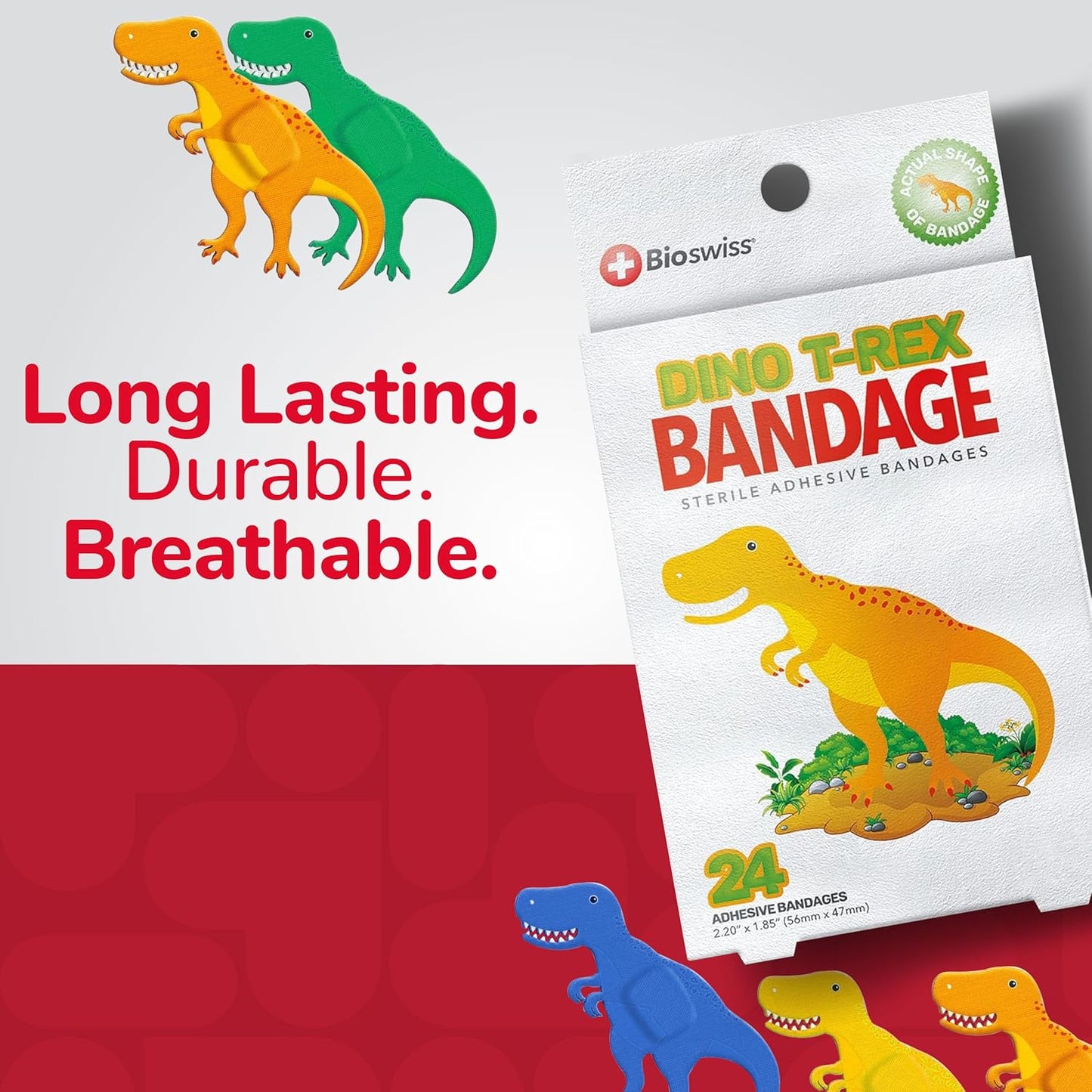 BioSwiss Kids Bandages, Dinosaur Shaped Self Adhesive Bandage Set, Latex Free, Sterile Wound Care, 24 Count