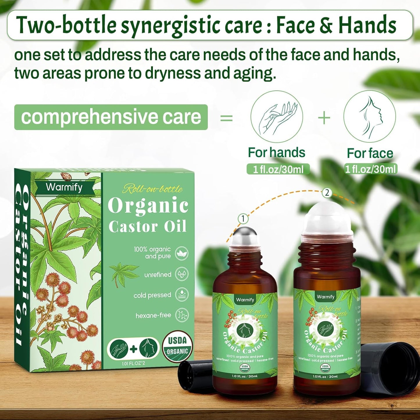 2-in-1 Castor Oil Roll On for Face & Hands, Organic Cold Pressed, Hexane-Free, Unrefined Glass Bottle – Targeted Roller Balls for Eye, Lip, Skin, Nail & Cuticle Care – 2 x 1 fl.oz