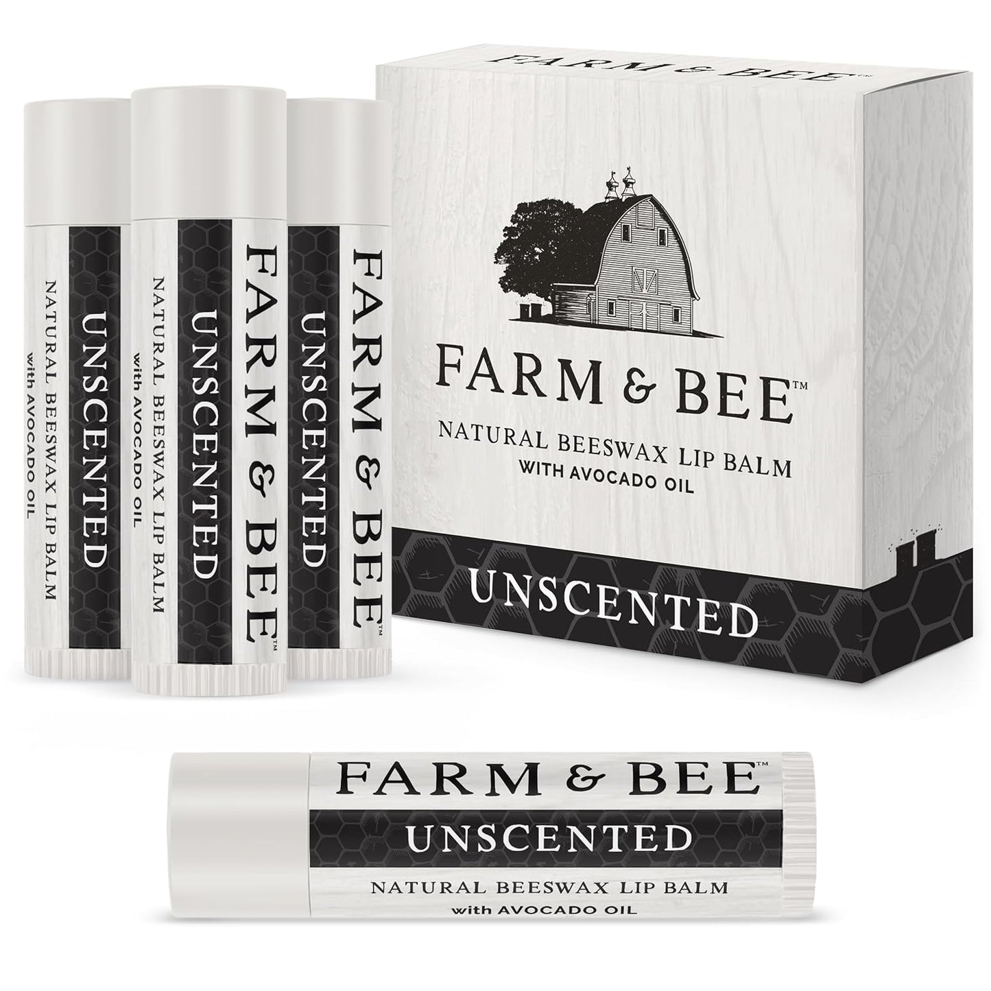 Natural Lip Balm - Organic & Natural Ingredients - Beeswax Based Moisturizing Lip Care Chapstick for Chapped Lips - Great Gift Idea - Farm & Bee - 0.15oz (Pack of 4 - Unscented)