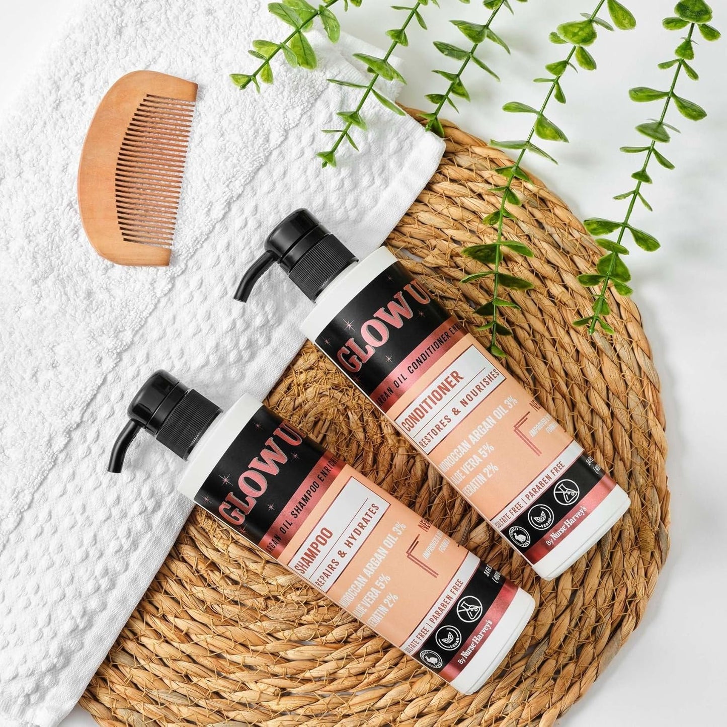 GLOW UP by Nurse Harvey's - Argan Oil Shampoo & Conditioner Set with Keratin & Aloe Vera, 14 fl oz Each – Repairs, Hydrates, Restores Shine – Sulfate Free, Paraben Free, Vegan & Cruelty Free
