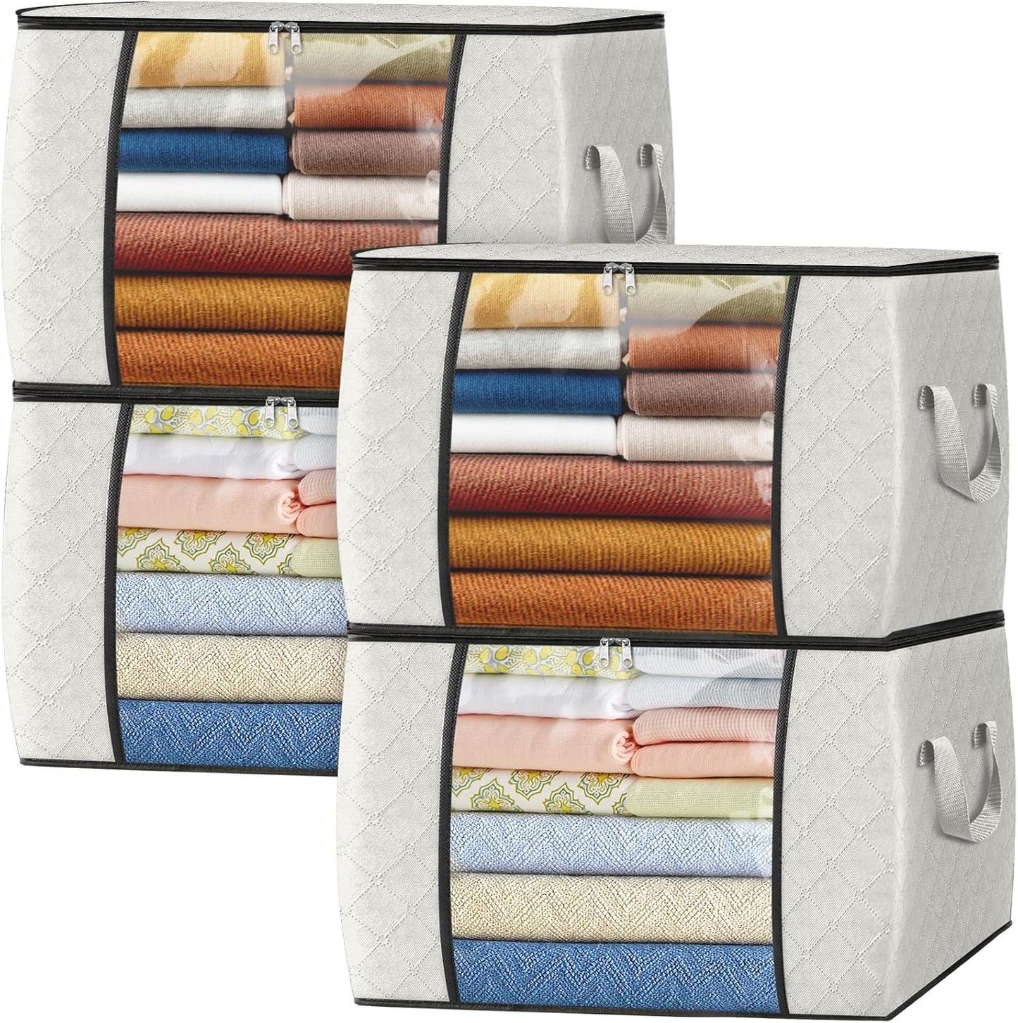 Fab totes 24 Gallons Clothes Storage, Foldable Thick Fabric Blanket Storage Bags, Containers for Organizing Bedroom, Closet, Clothing, Comforter, Organization with Handle (4 Pack,Ivory)