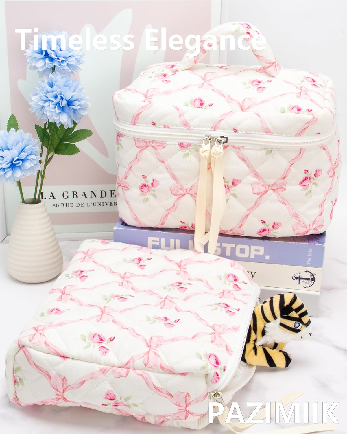 PAZIMIIK Quilted Makeup Bag Large Travel Zipper Soft Cosmetic Pouch for Women Girls Make Up,Bow Rose