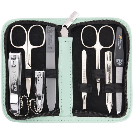 3 Swords Germany - brand quality 8 piece manicure pedicure grooming kit set synthetic leather case mint - Made in Germany