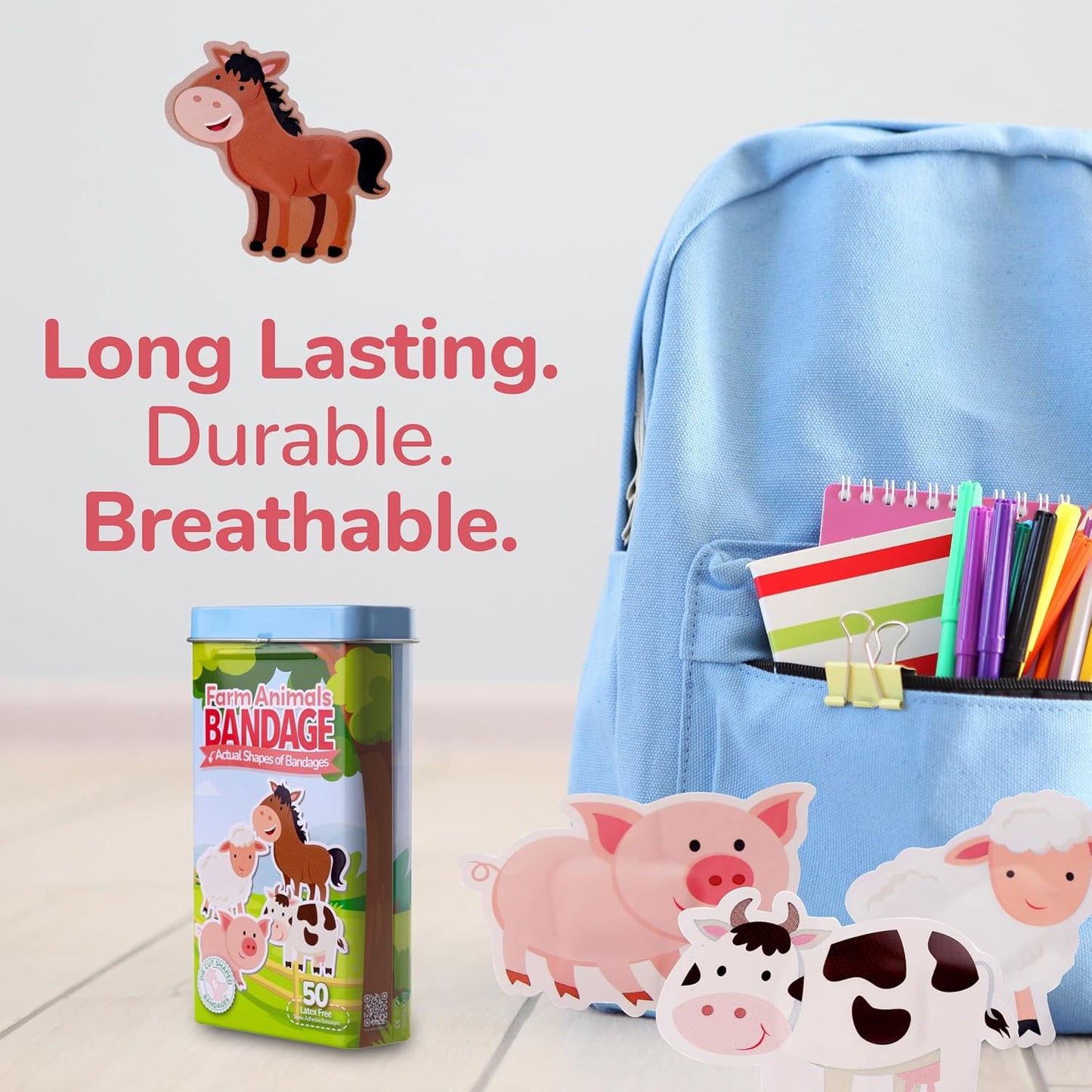 BioSwiss Kids Bandages, Farm Animal Shaped Self Adhesive Bandage Set, Latex Free, Sterile Wound Care, 50 Count