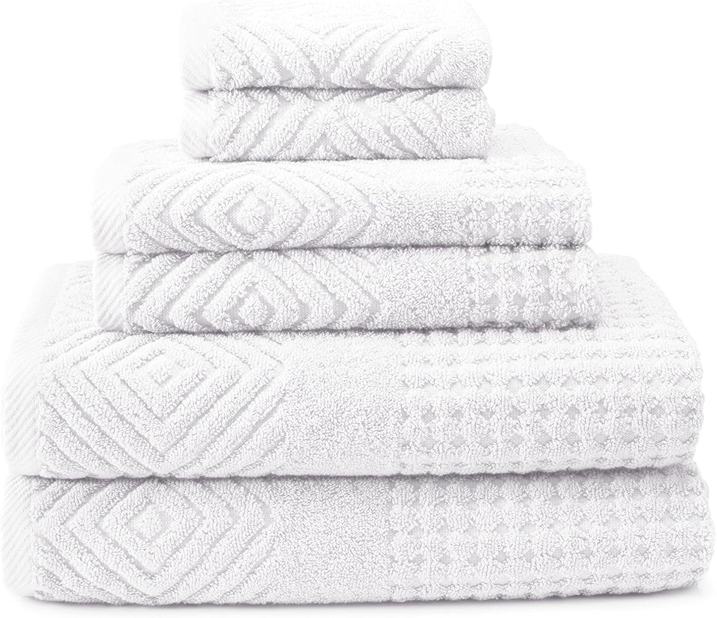 Texere 100% Organic Cotton Diamond Jacquard 700 GSM Luxury Bath Towel Sets, Soft and Absorbent Hotel Quality, Bath Towels, Hand Towels, Washcloths (Diamond, Bright White, 6 Piece)