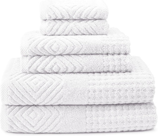 Texere 100% Organic Cotton Diamond Jacquard 700 GSM Luxury Bath Towel Sets, Soft and Absorbent Hotel Quality, Bath Towels, Hand Towels, Washcloths (Diamond, Bright White, 6 Piece)