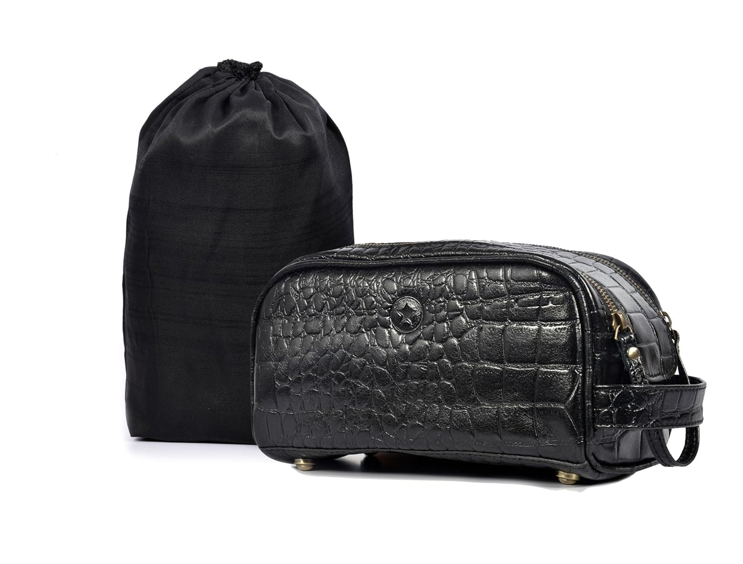 10" Premium Leather Toiletry Travel Pouch With Waterproof Lining | King-Size Handcrafted Vintage Dopp kit By Aaron Leather Goods (Grease Black)