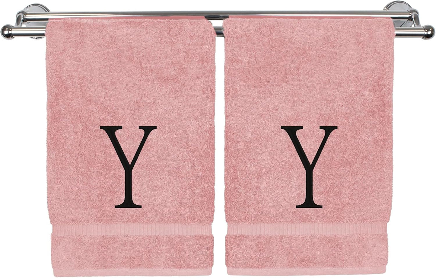 Monogrammed Hand Towel, Personalized Initial Gift, Extra Absorbent 100% Turkish Cotton - Soft Terry Finish - Set of 2 - Black Block Initial Y - Embroidered on Pink Towels