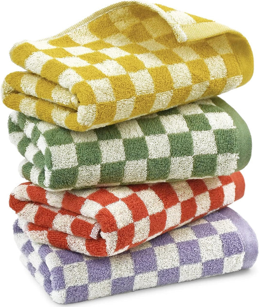 Jacquotha Hand Towels for Bathroom 4 Pack, Cotton Soft Absorbent for Face Spa Bath Gym Kitchen, Hand Towel Set Decorative Checkered, 13 x 29 Inches, 4 Colors