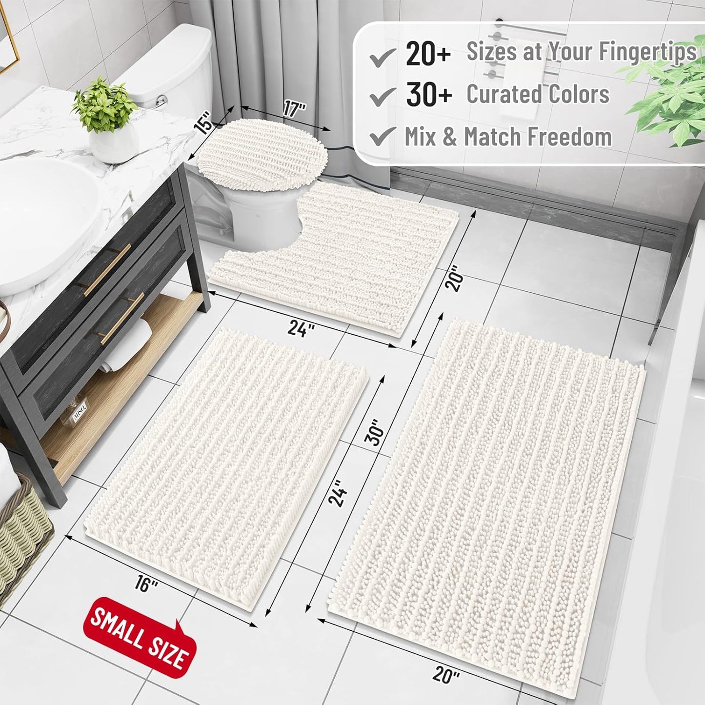 Arotive Luxury Chenille Bathroom Rug Mat, Extra Soft Thick Absorbent Shaggy Bath Rugs, Non-Slip Machine Wash Dry, Plush Bath Mats for Bathroom, Shower and Tub, 44x32, Ivory