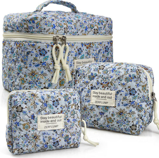 Cute Quilted Floral Makeup Bag(3Pcs)，Coquette Aesthetic Cosmetic Bag，Travel Toiletry Bags， Kawaii Aesthetic pouch for Women (62-BlueVine)