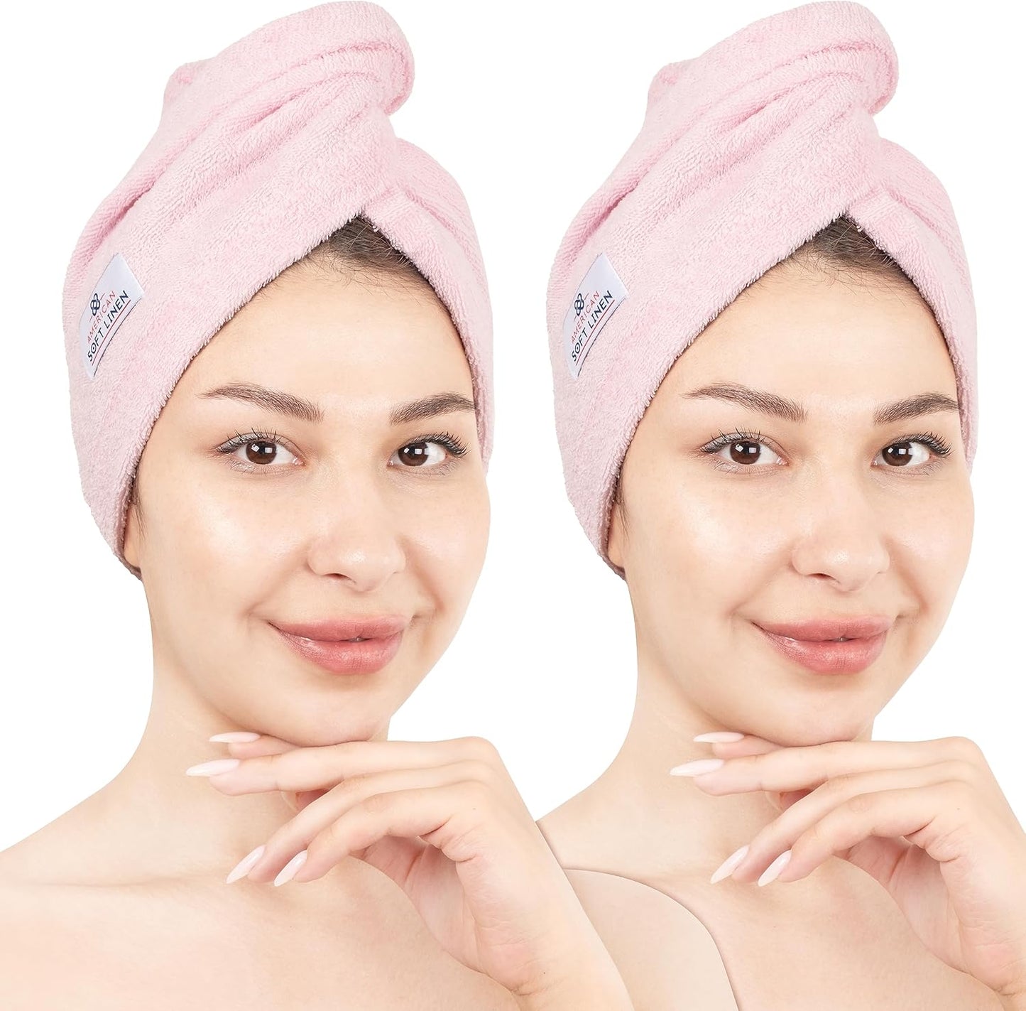 American Soft Linen 100% Cotton Hair Towels for Women, Head Towel Cap, Cotton Hair Turban Towel Wrap for Long Curly Anti Frizz Hair, Soft and Absorbent Cotton Hair Towels 2 Pack, Pink