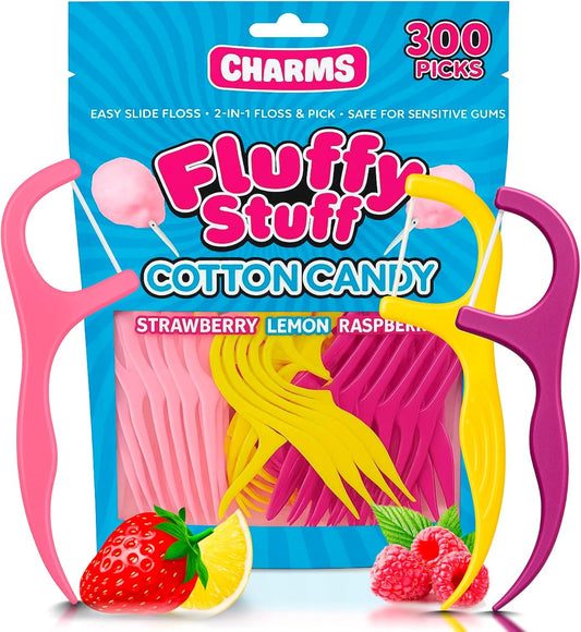 Flavored Floss Picks, 300 Count, Dental Floss Picks for Teeth with Fun Fruit Flavors, Flosser Picks for Adults and Children, | Strawberry, Lemon & Raspberry Flavor