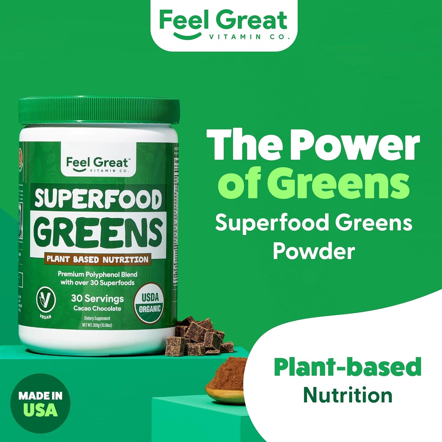Feel Great Organic Superfood Greens Powder - Cocoa Chocolate | Fruit & Vegetable Supplement | Over 20 Greens, Fruits & Veggies, Fiber, Probiotics & Digestive Enzymes | 30 Servings