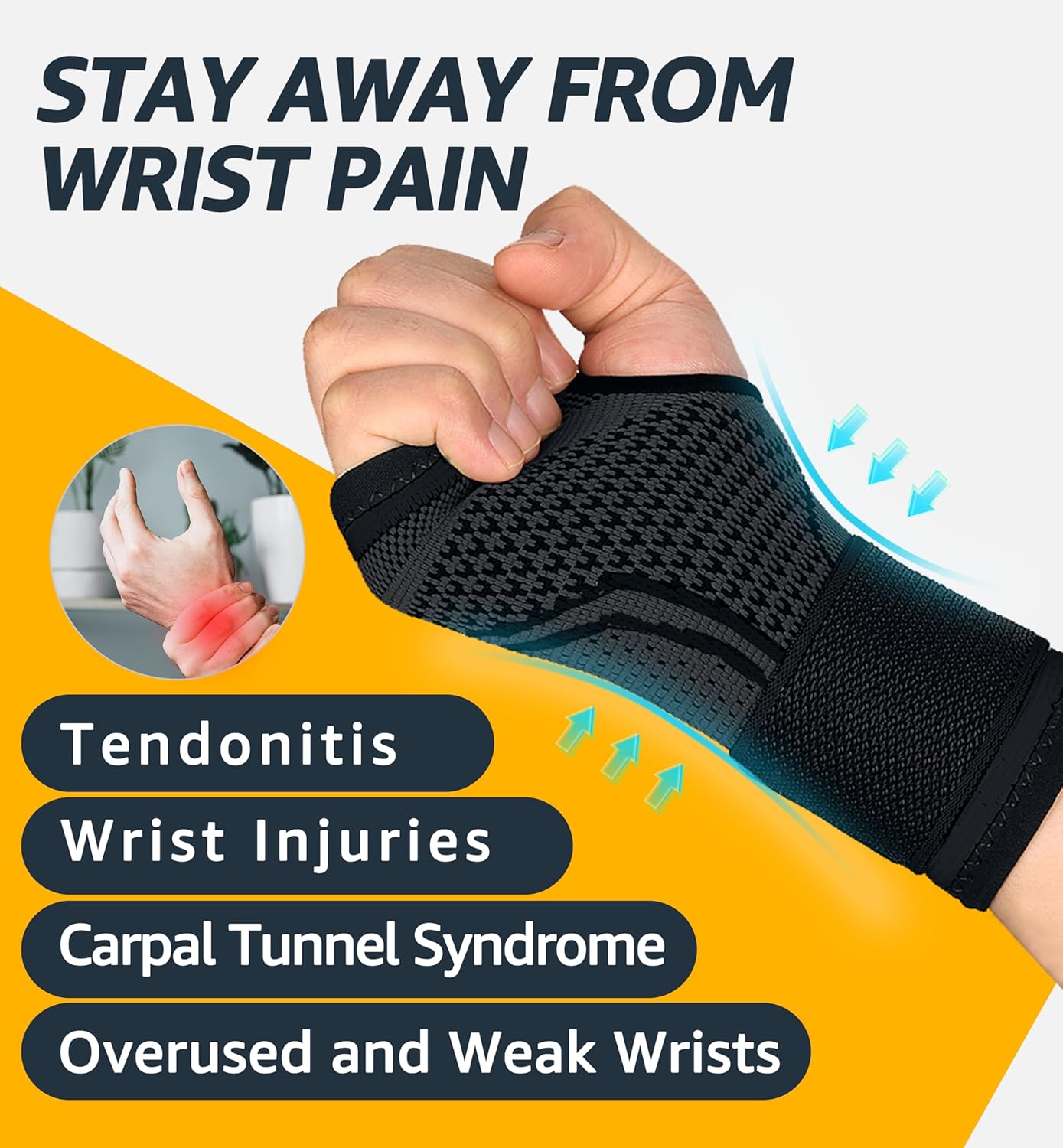 HiRui 2-Pack Wrist Brace Wrist Wraps, Hand Compression Sleeves with Wrist Straps Support for Fitness Weightlifting MTB Tendonitis Carpal Tunnel Arthritis Pain Relief (Black, Small)