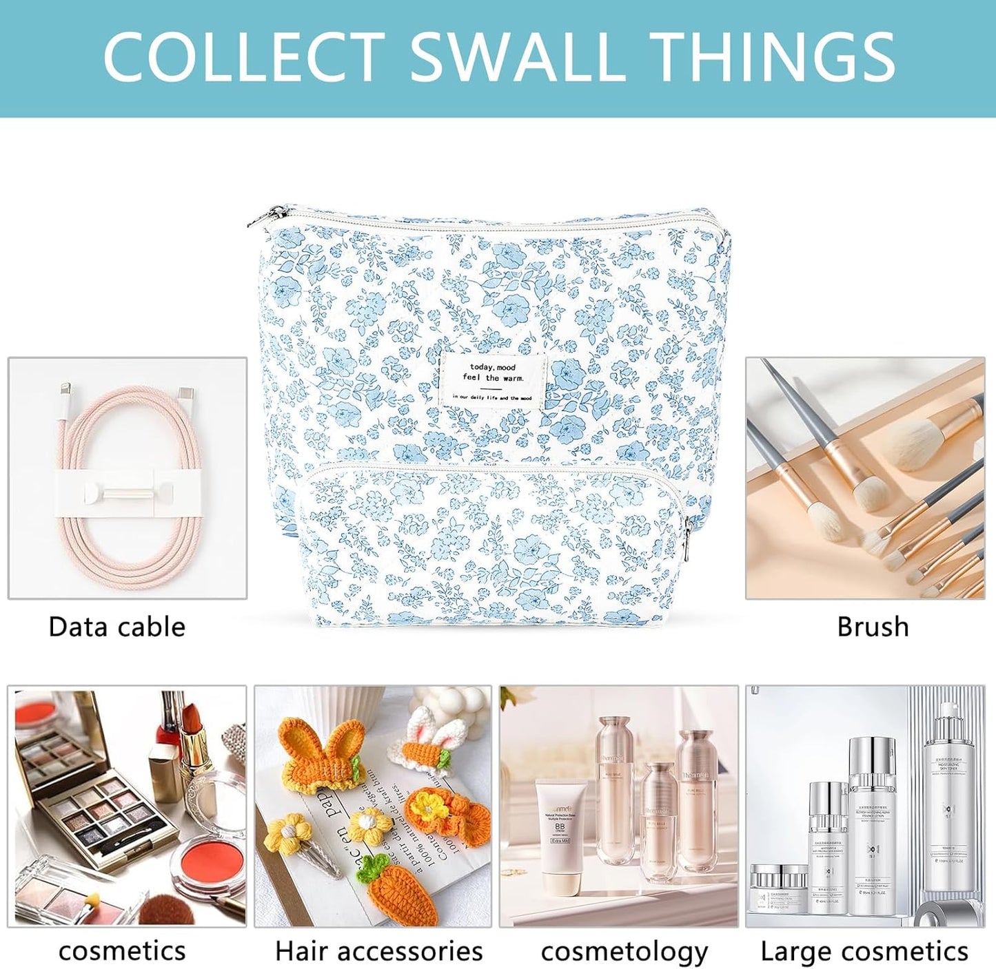 2Pcs Quilted Cotton Makeup Bag Travel Makeup Brush Bag Large Small Pouch Set for Women Floral Coquette Makeup Bags Cute Aesthetic Cosmetic Pouch Blue Toiletry Organizer Storage Bags