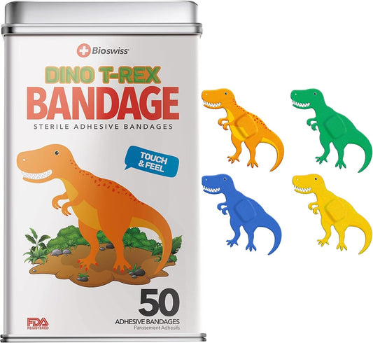 BioSwiss Kids Bandages, Dinosaur Shaped Self Adhesive Bandage Set, Latex Free, Sterile Wound Care, 50 Count