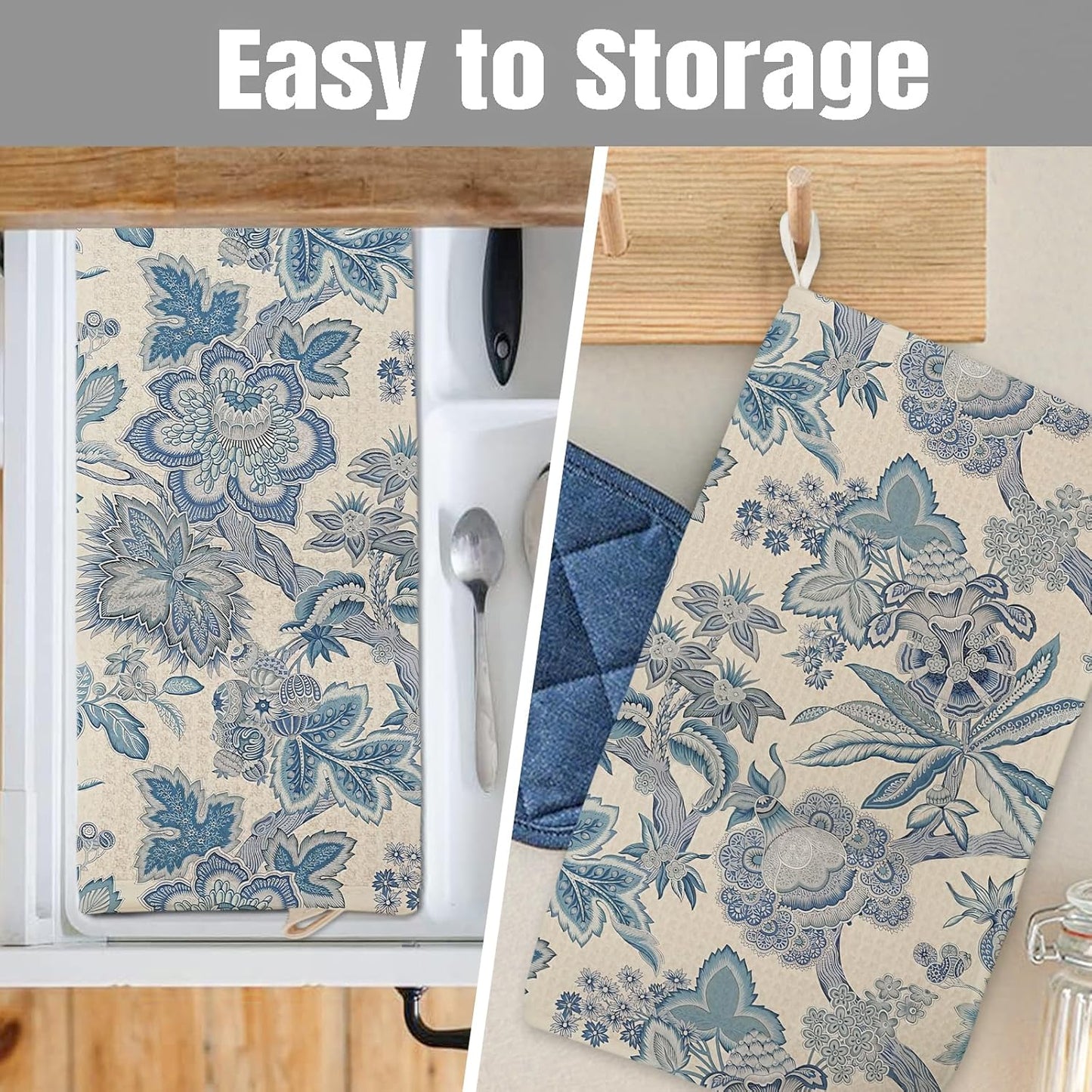 Dish Drying Mat for Kitchen Counter Large 18" x 24" Retro Blue Flower Absorbent Microfiber Dishes Drainer Rack Mats Pad Reusable Washable