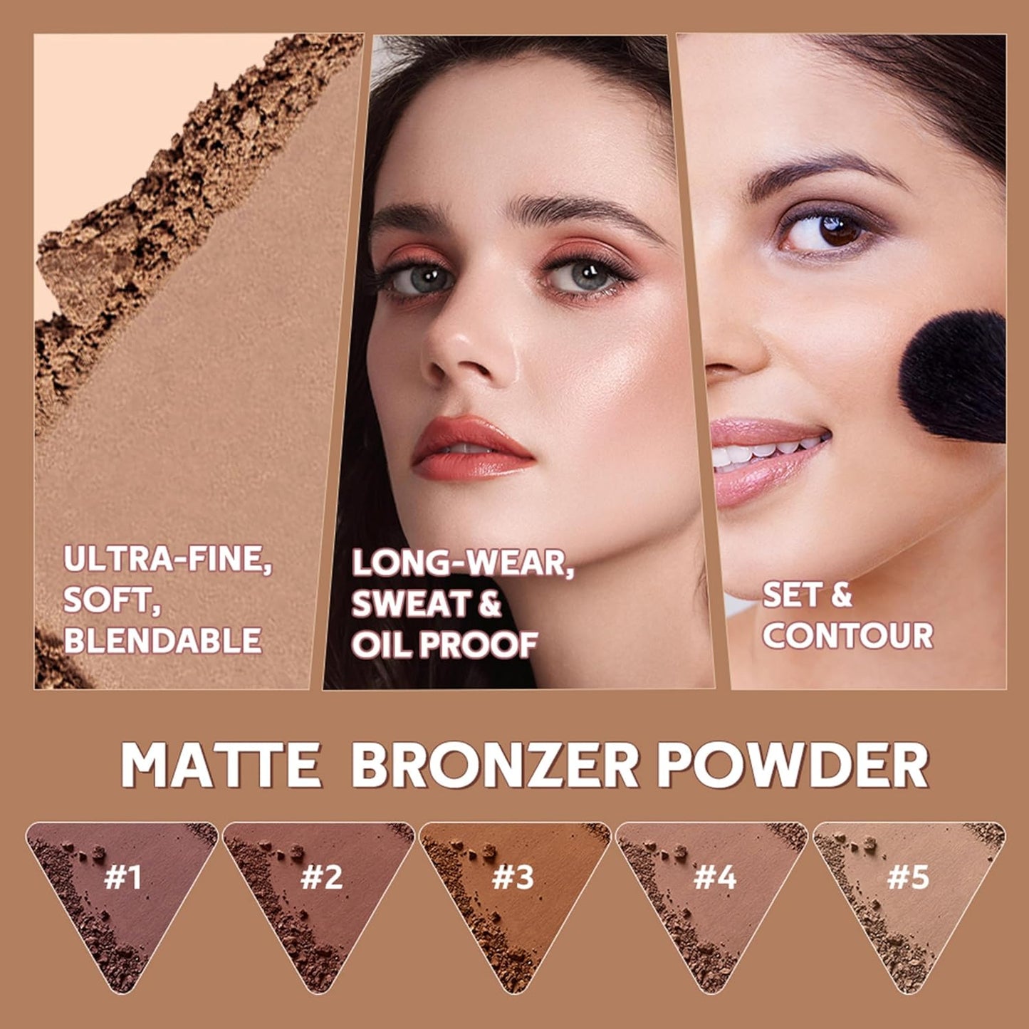 MAEPEOR Matte Bronzer Powder 5 Colors Buildable Natural Contour Bronzer Palette Long Lasting Setting Face Bronzered Powder (05 Light)