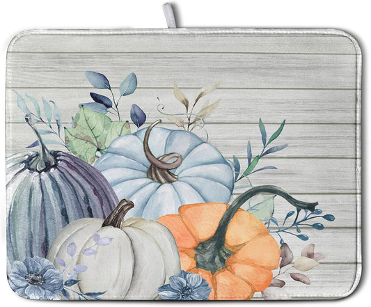 Fall Blue Orange Grey Pumpkin Kitchen Dish Drying Mat for Kitchen Counter 16x18 Inch Autumn Teal Flowers Drying Mat Thanksgiving Harvest Dish Drainer Mat Super Absorbent Dish Rack Pad for Coffee Bar