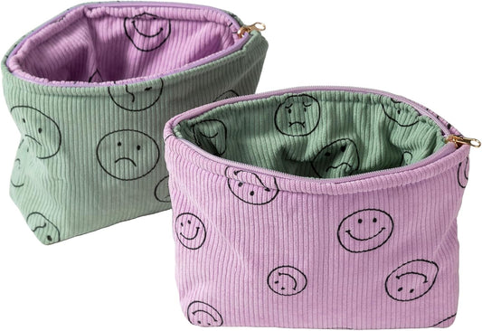 Cosmetic Bags for Women - Corduroy Cosmetic Bag Aesthetic Women Handbags Purses Smile Dots Makeup Organizer Storage Makeup Bag Girls Case Bags (Double Purple Green)
