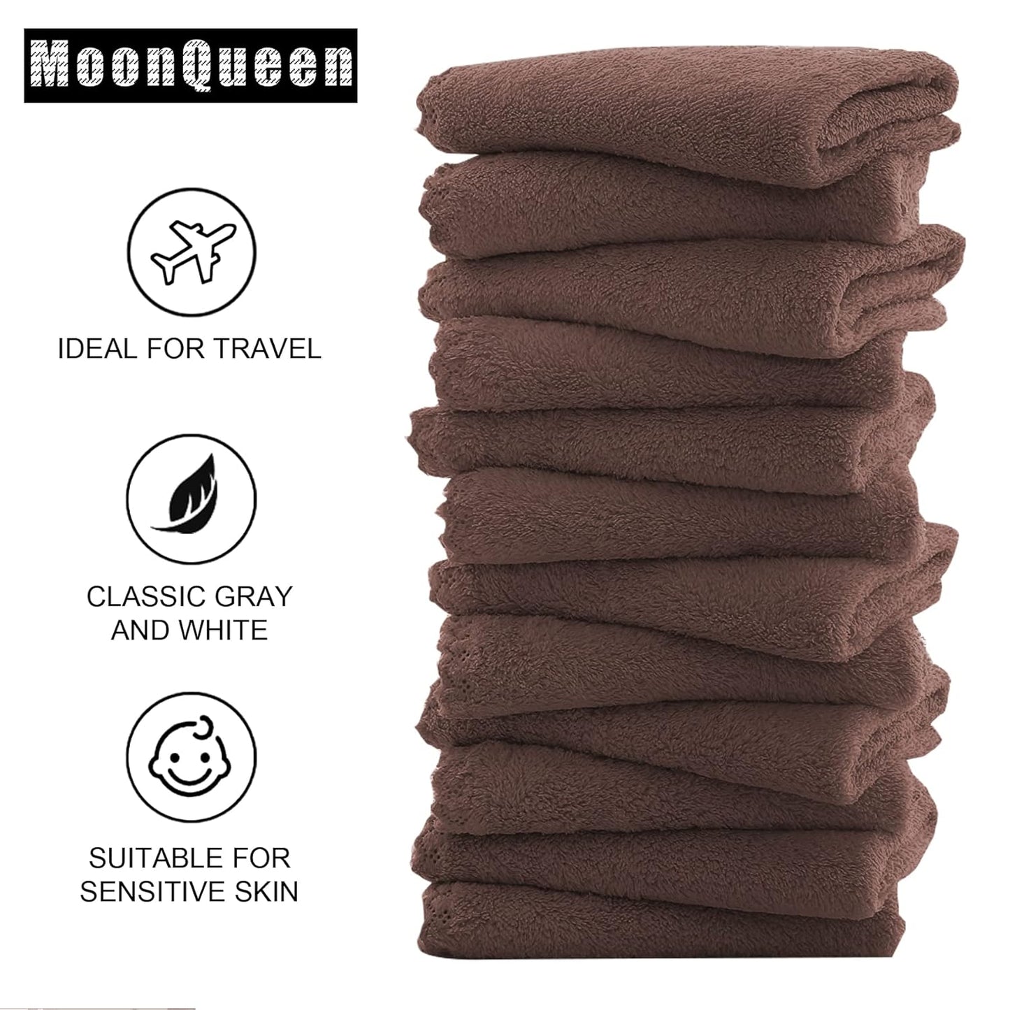 MOONQUEEN Microfiber Facial Cloths Fast Drying Washcloth 12 Pack - Premium Soft Makeup Remover Cloths - Wood Brown