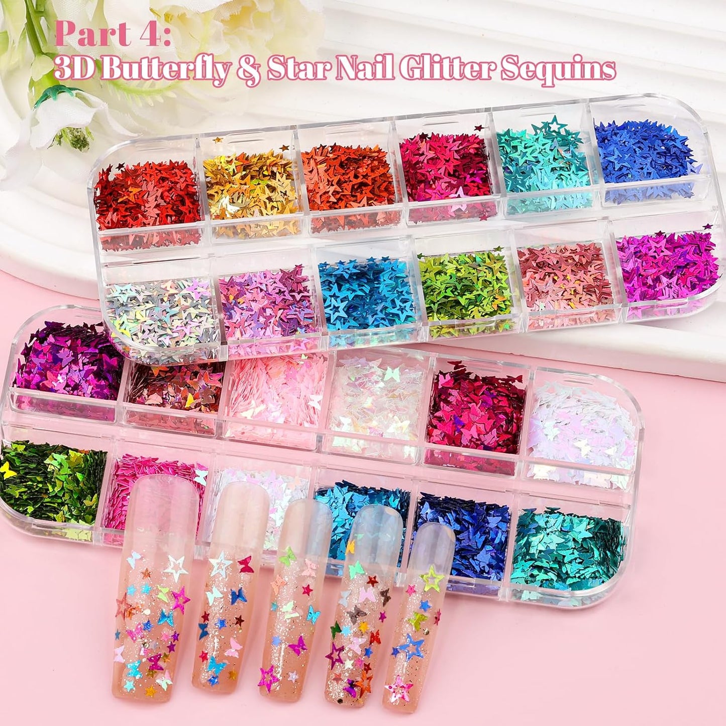 12 Boxes Nail Art Kit with Nail Charms, Gems, Rhinestones & Studs - Flatback Rhinestones, 3D Gold/Silver Charms, White Half Pearls, Pink Flower Charms, Star/Butterfly Sequins + 4 Tools for DIY Crafts