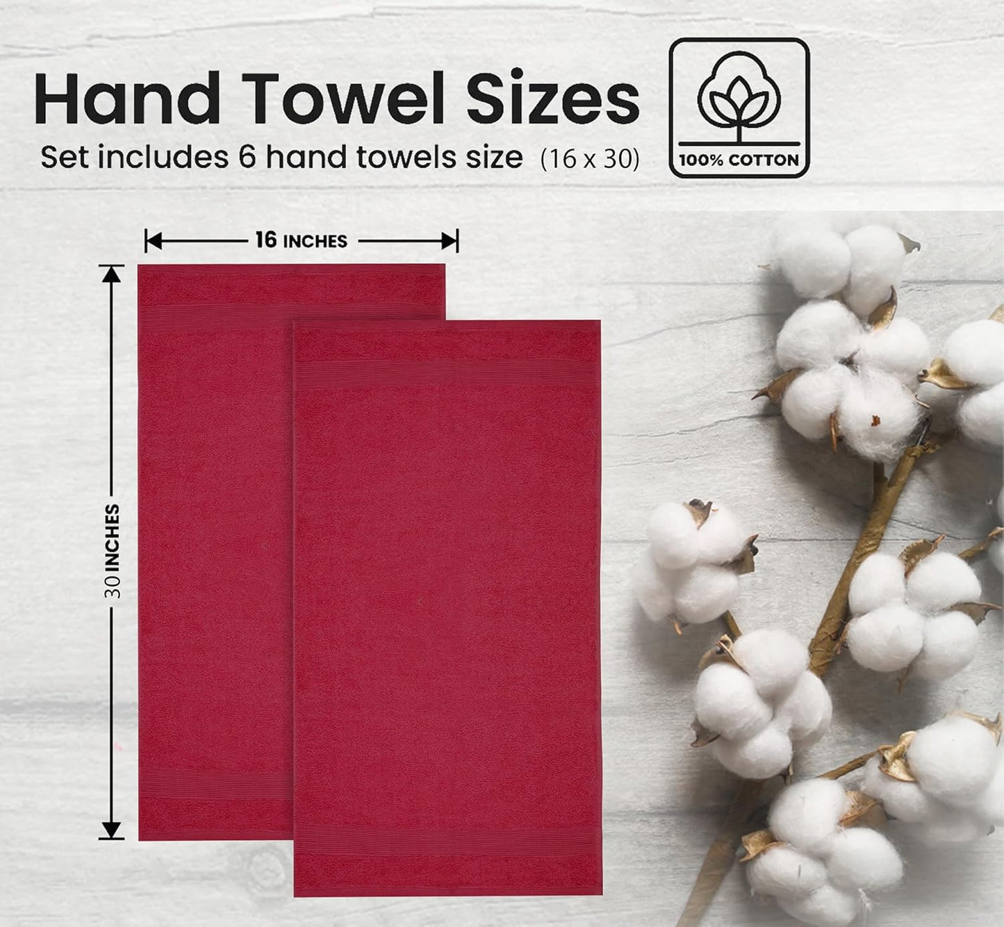 Premium Hand Towels Pack of 6 (16" x 30”) 100% Combed Ring Spun Cotton | Highly Absorbent Hand Towels Set | Ultra Soft for Home, Gym & Spa (Burgundy)