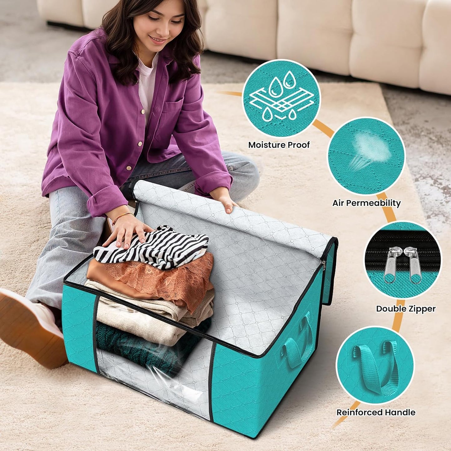 Fab totes 4 Pack Clothes Storage, Foldable Thick Fabric Blanket Storage Bags, Containers for Organizing Bedroom, Closet, Clothing, Comforter,Closet Organization with Handle,Green