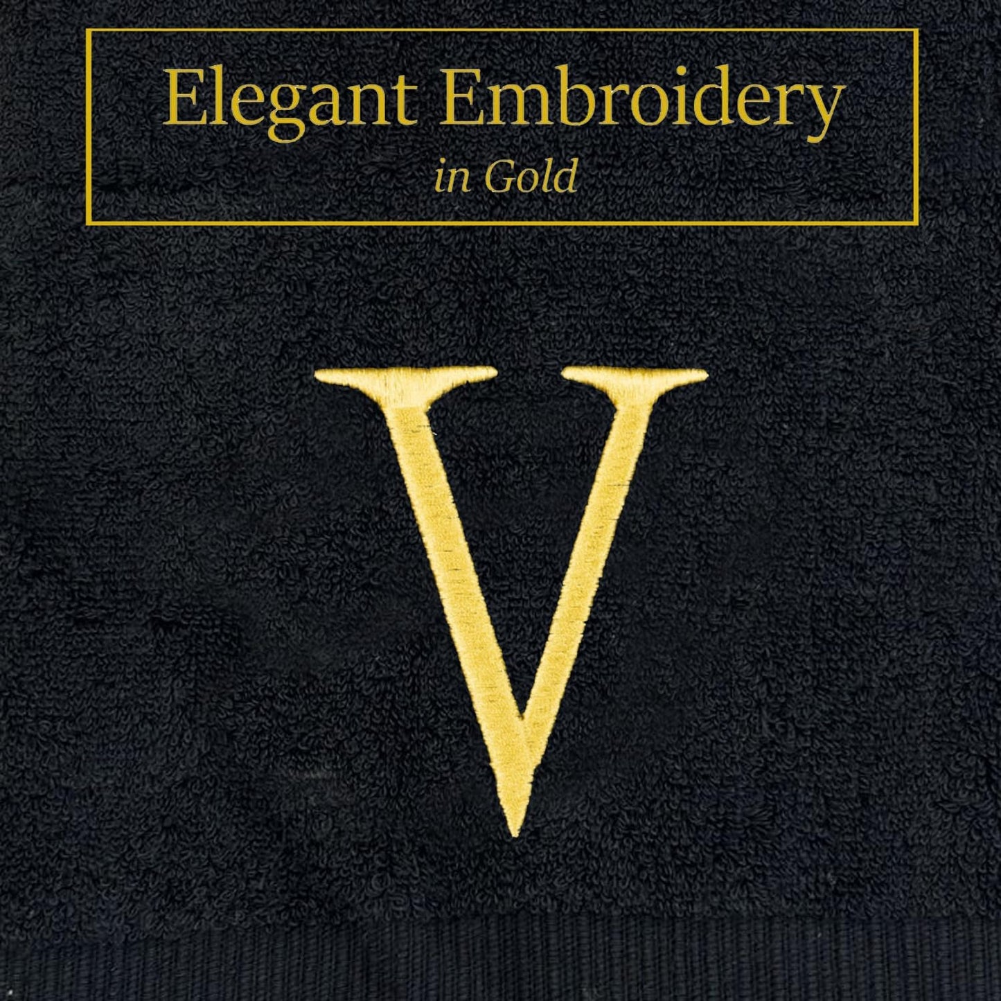 Black Initial Hand Towel for Bathroom - Monogrammed Luxury Hotel Quality Decorative Embroidered Towel for Powder Room, Spa - GOTS Organic Certified - Pack of 2, Letter V