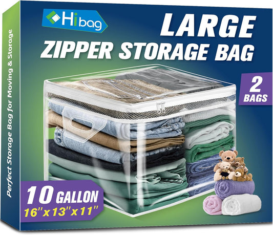 HIBAG 10 Gallon Large Storage Bag for Clothes, Zipper Clothing Storage Bag, Clear Organizer with Reinforced Handles, for Closet and Underbed Storage (2 Pack)