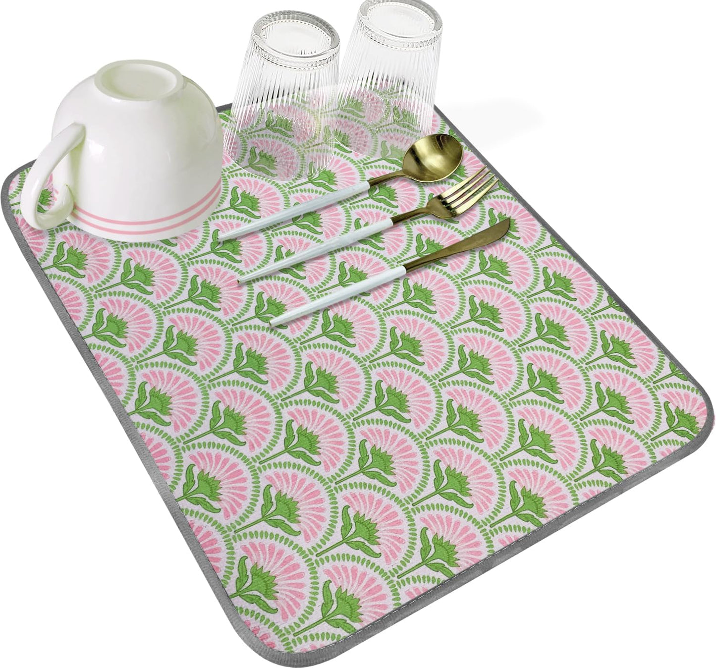 SHIYUE Dish Drying Mat for Kitchen Counter Super Absorbent Spring Kitchen Decor Microfiber Drying Matainers Rack Fast Pad Dish Drainer Mats(Bohe Flower,16''x18'')