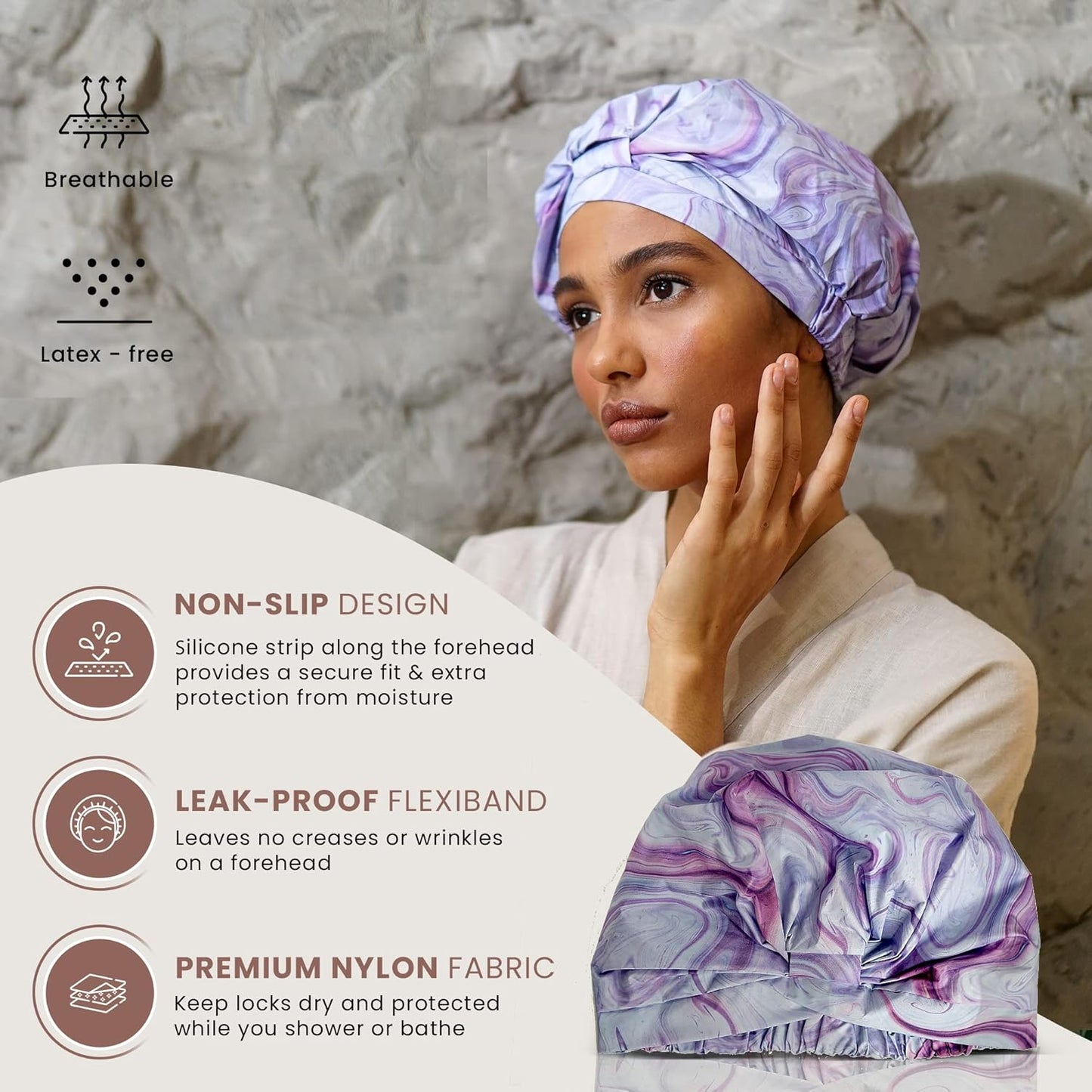 Reusable Shower Cap for Women Reusable Waterproof – Leakproof, Nonslip Hair Cap for Shower Flexiband – Soft, Breathable, Durable Mother’s Day Shower Caps by SMPL OBJECTS