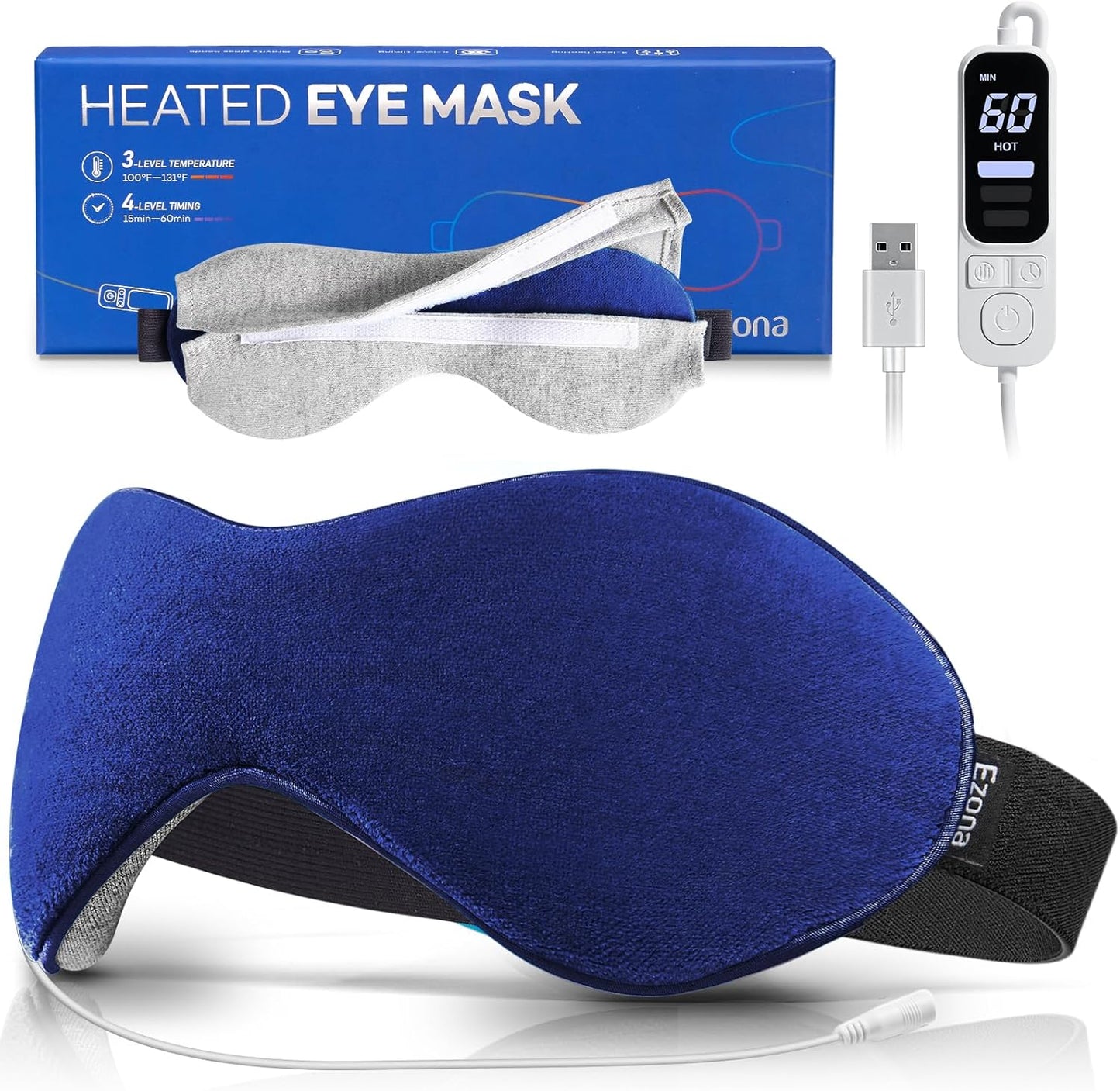 Ezona Heated Eye Mask, Warm Eye Compress Mask for Dry Eyes, USB Electric Eye Heating Pad with Temperature & Timer Control, Dry Eye Mask for Blepharitis, Sinus Migraine (Indigo)