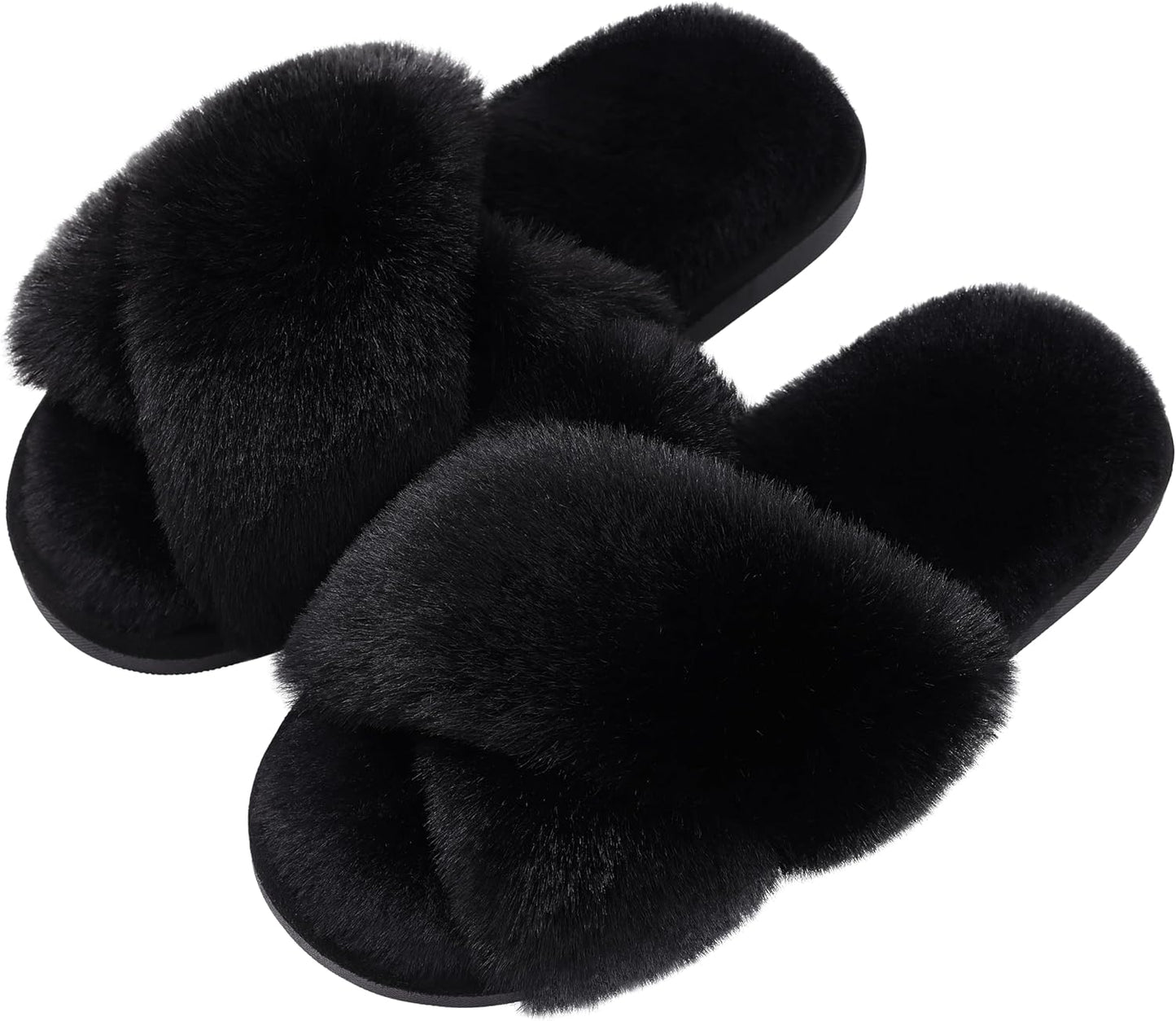 Evshine Women's Fuzzy Slippers Cross Band Memory Foam House Slippers Open Toe