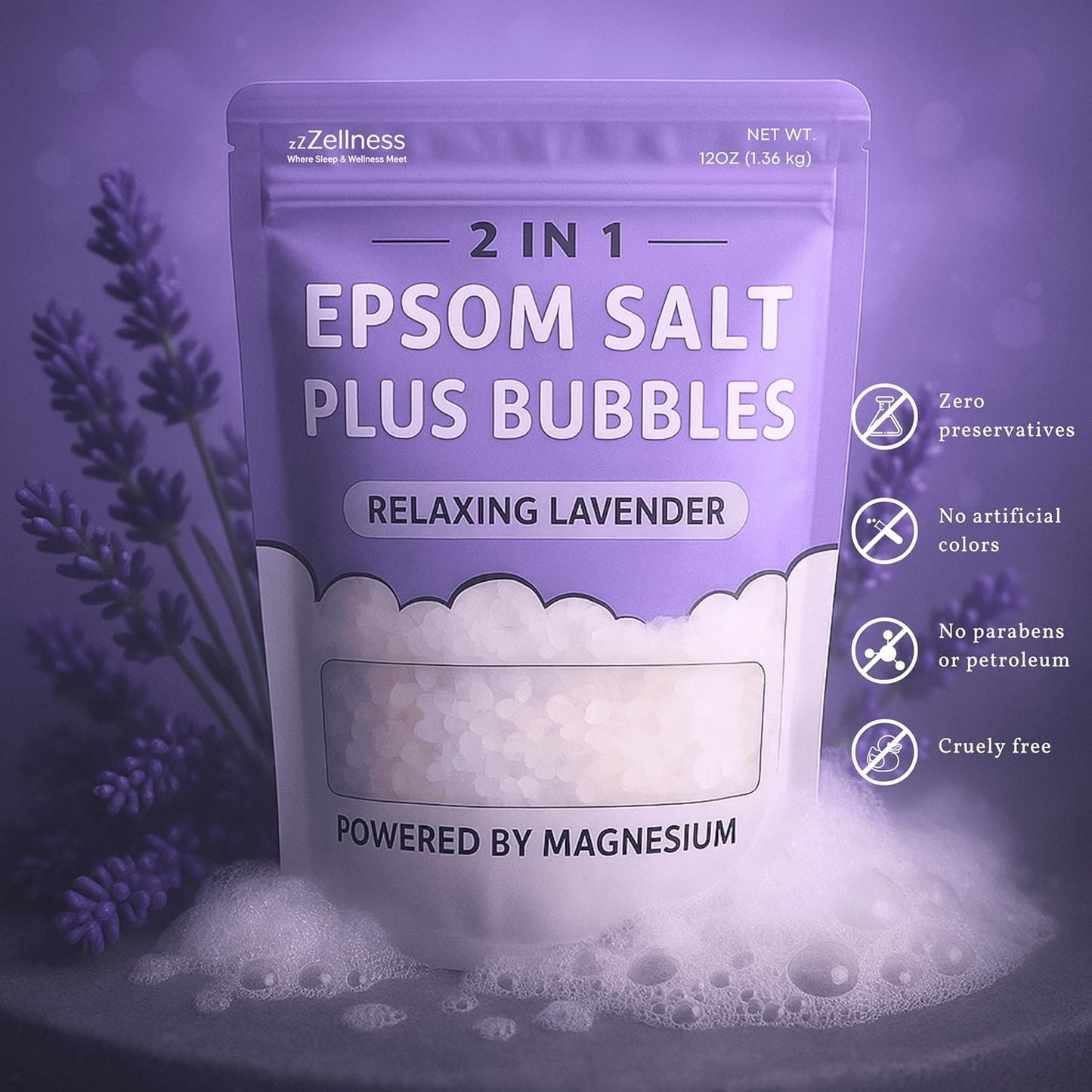 Epsom Salt Plus Bubbles – Lavender Scented Foaming Bath Soak – Magnesium Sulfate for Muscle Recovery, Stress Relief & Relaxation – Great for Aromatherapy – 12 oz