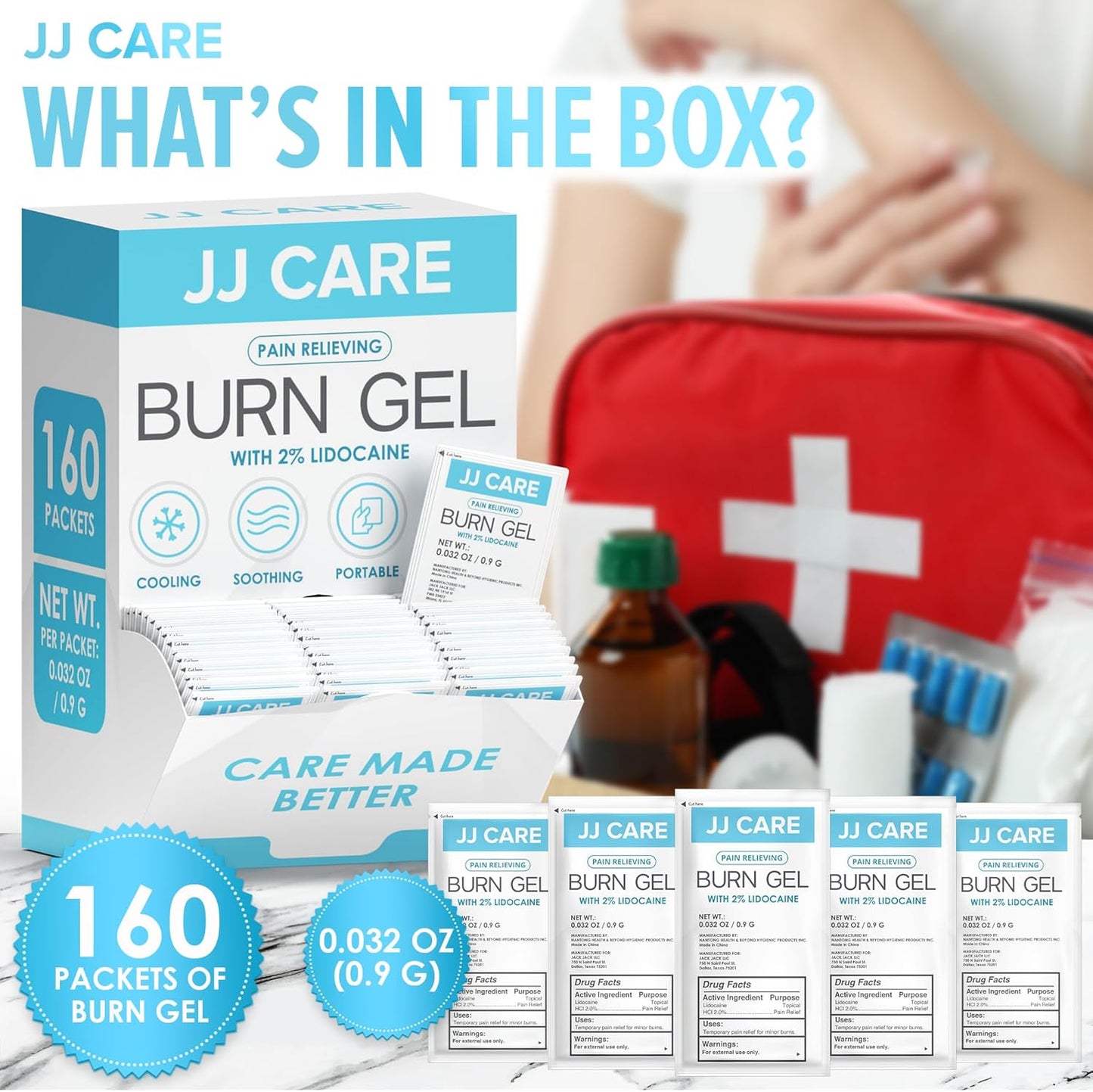 JJ CARE Burn Gel (Pack of 160), Soothing Burn Gel Packets for Minor Burns, First Aid Jel & Sunburn Relief Individual Packets with Lidocaine and Aloe Vera (0.9 Grams per Packet)