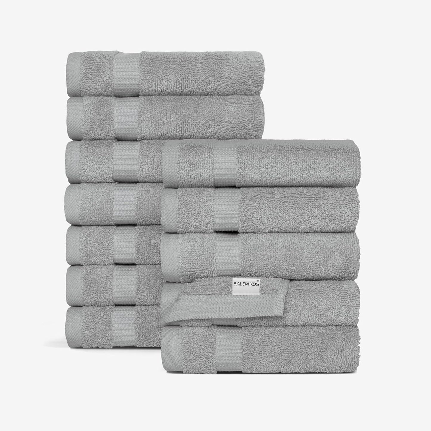 SALBAKOS 100% Turkish Cotton Washcloth Set of 12 13x13 inch | Heirloom Quality | Hotel & Spa Collection | Ultra Soft, Super Absorbent, Wash Cloth Towels | Made in Turkey (Silver 12 Pcs Washcloth)