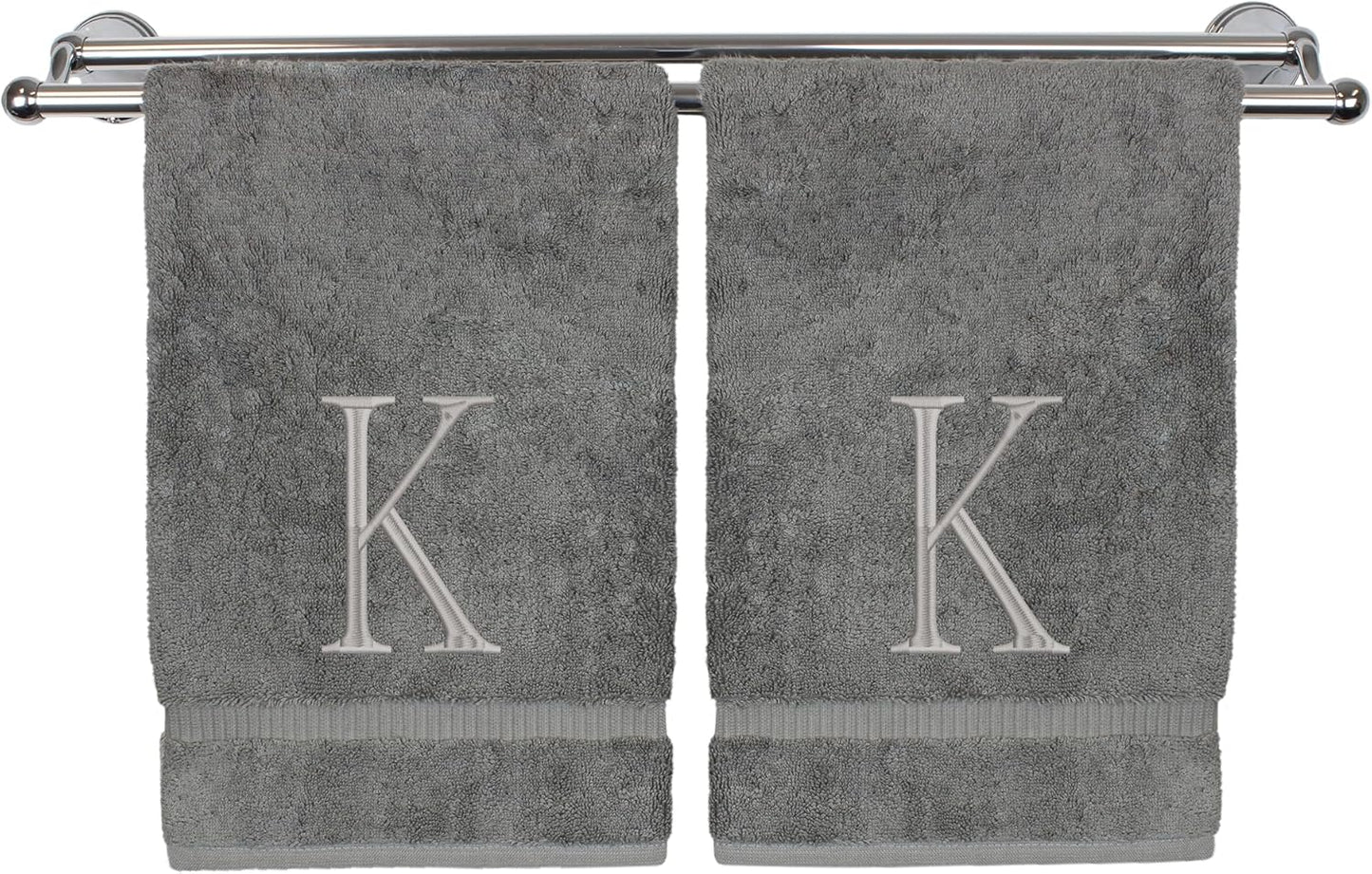 Monogrammed Hand Towel, Personalized Initial Gift, Extra Absorbent 100% Turkish Cotton - Soft Terry Finish - Set of 2 - Silver Block Initial K - Embroidered on Grey Towels