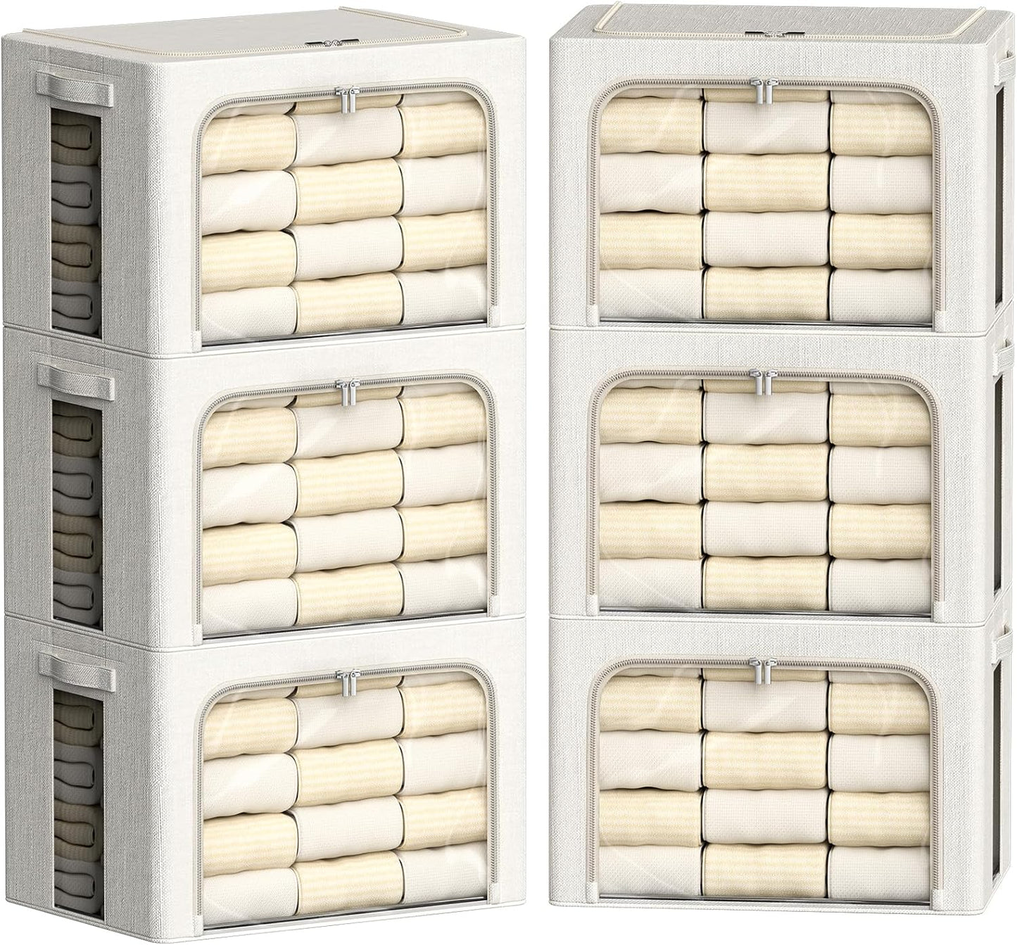 FHSQX 6 Pack Clothes Storage Bins with Metal Frame 100L Foldable Storage Bins for Clothes Linen Fabric Storage Box with Clear Window (Lvory White, 23.6x16.5x15.7inch(100L))