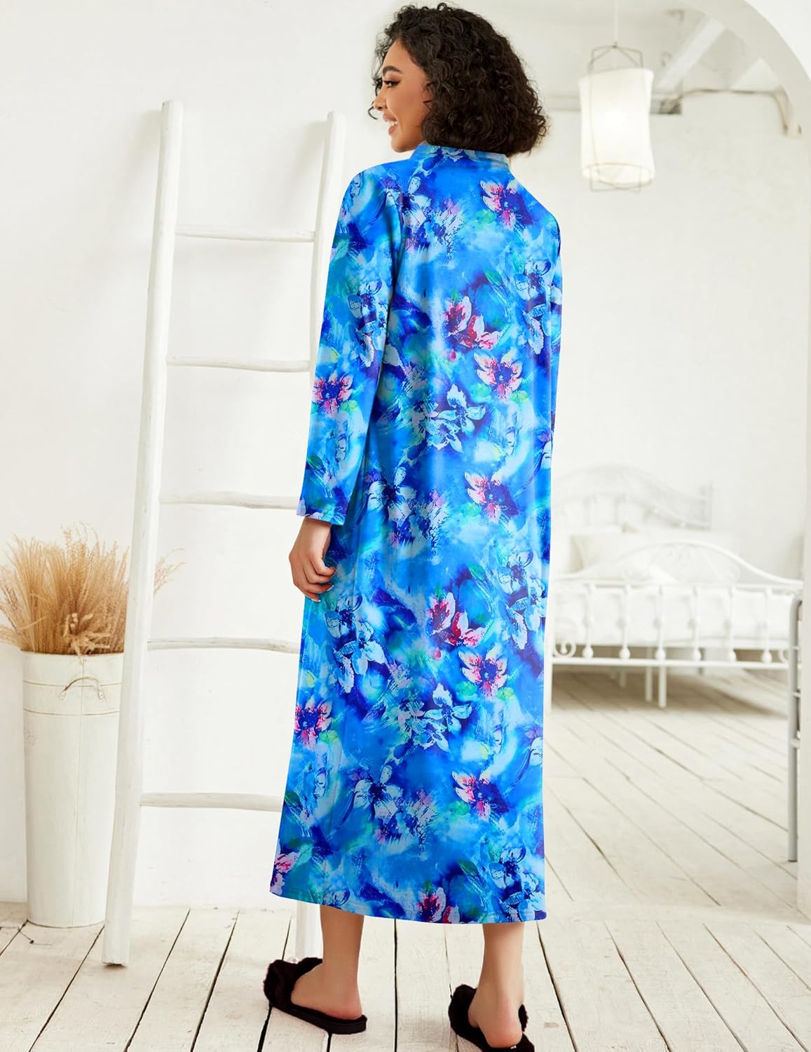 Ekouaer Women Zipper Robe Long Sleeve Loungewear Lightweight Housecoat Full Length Nightgown with Pockets