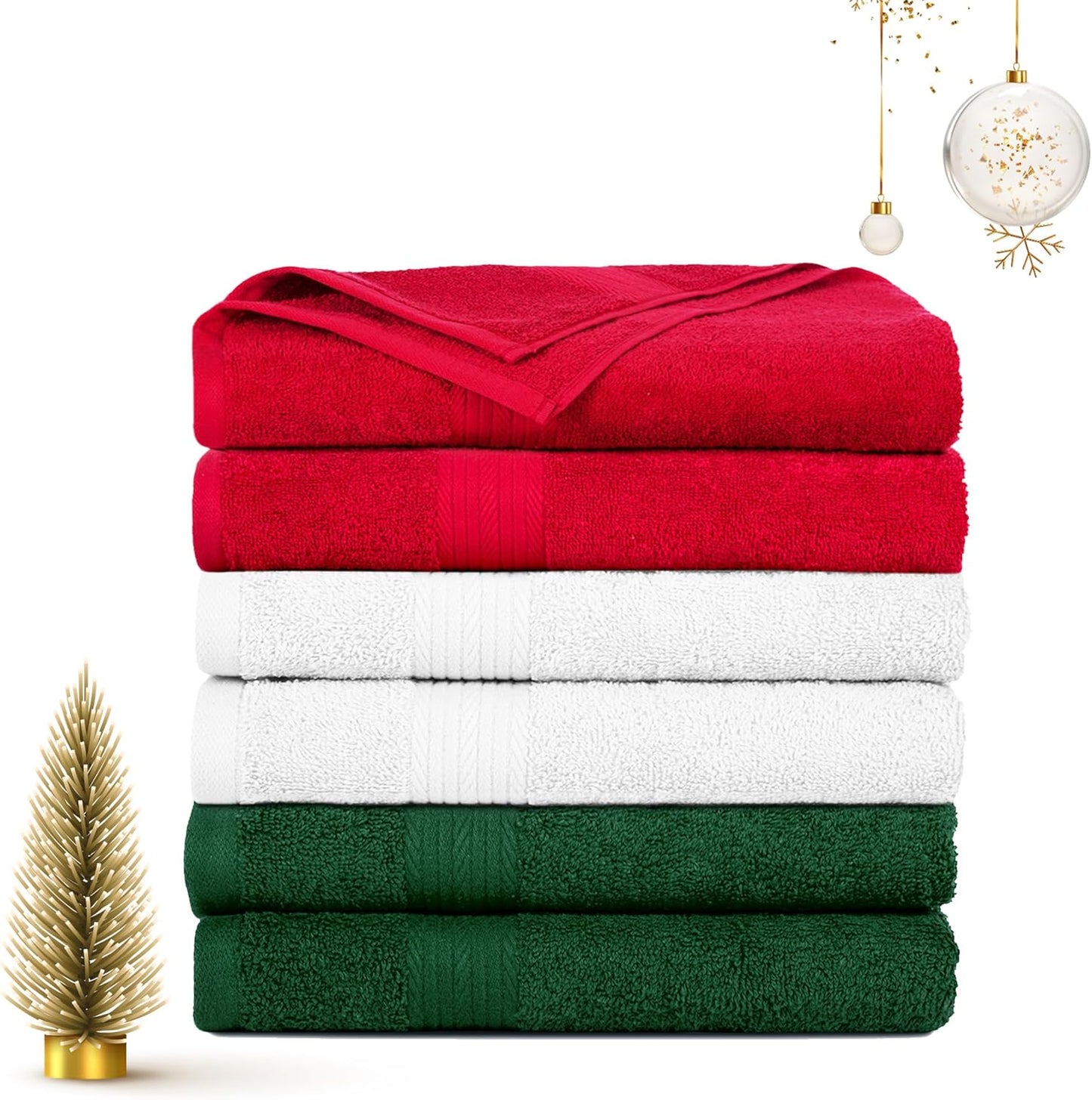 Ample Decor Hand Towel for Bathroom 100% Cotton 18 X 28 Inch 600 GSM Soft - 6 pcs White, Red & Green
