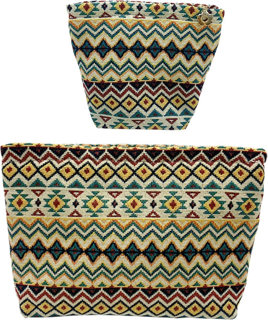 2 Pcs Makeup Bags, Large Cosmetic Bag Travel Toiletry Bag Organizer for Women, Embroidery Craft, Stripe Makeup Bag Small Cosmetic Pouch Purse with Zipper Gifts for Girls Teen