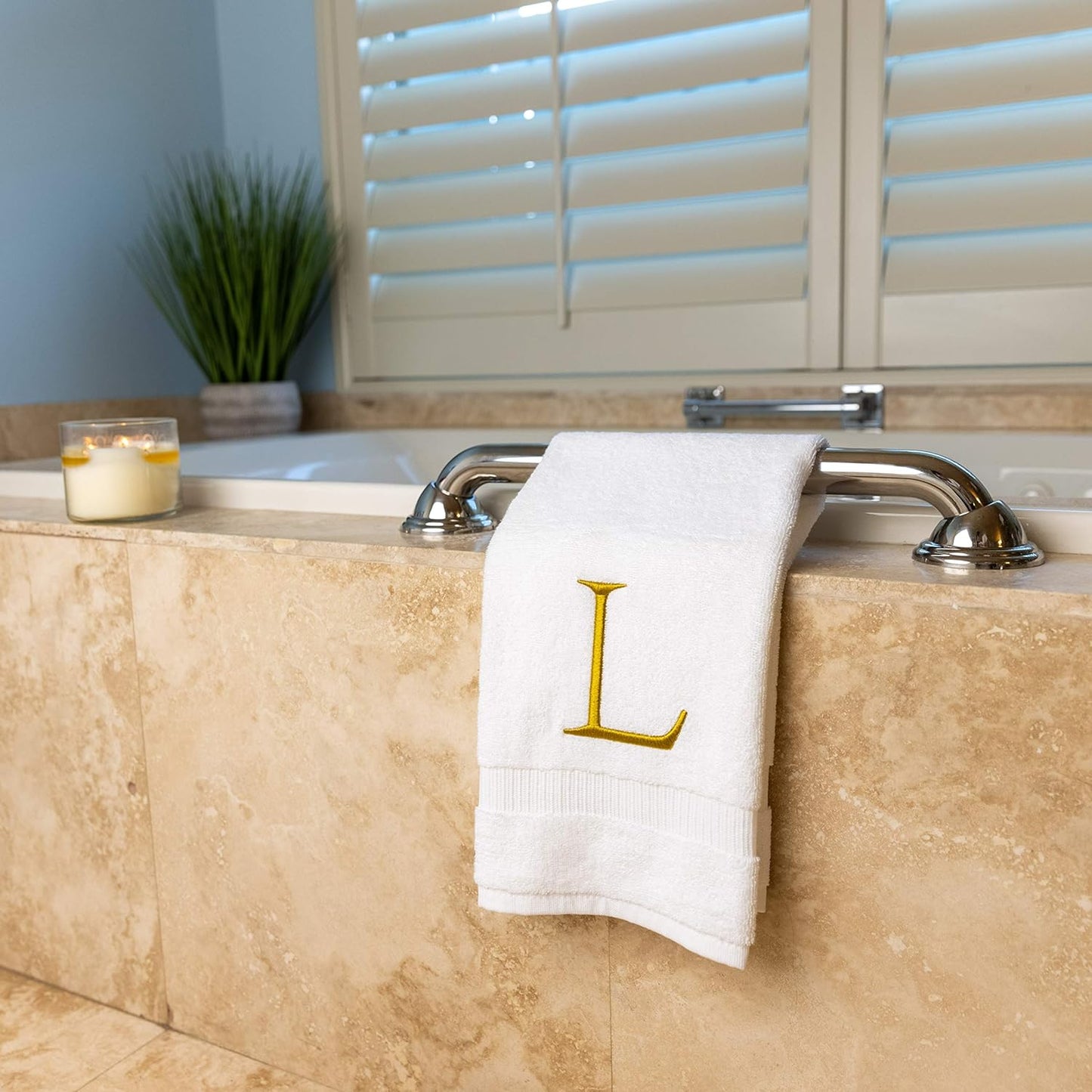 Monogrammed Hand Towels for Bathroom - Luxury Hotel Quality Personalized Initial Decorative Embroidered Bath Towel for Powder Room, Spa - GOTS Organic Certified - Set of 2 Gold Letter L
