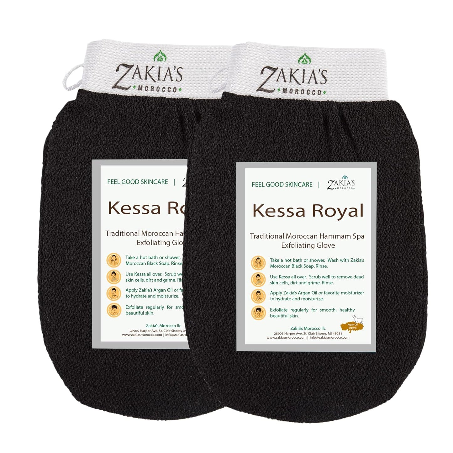 Moroccan Kessa Exfoliating Glove - Value Pack (2 piece) Black- Microdermabrasion exfoliating mitts, Removes unwanted dead skin, dirt and grime and Keratosis Pilaris. Great for spray tan removal.